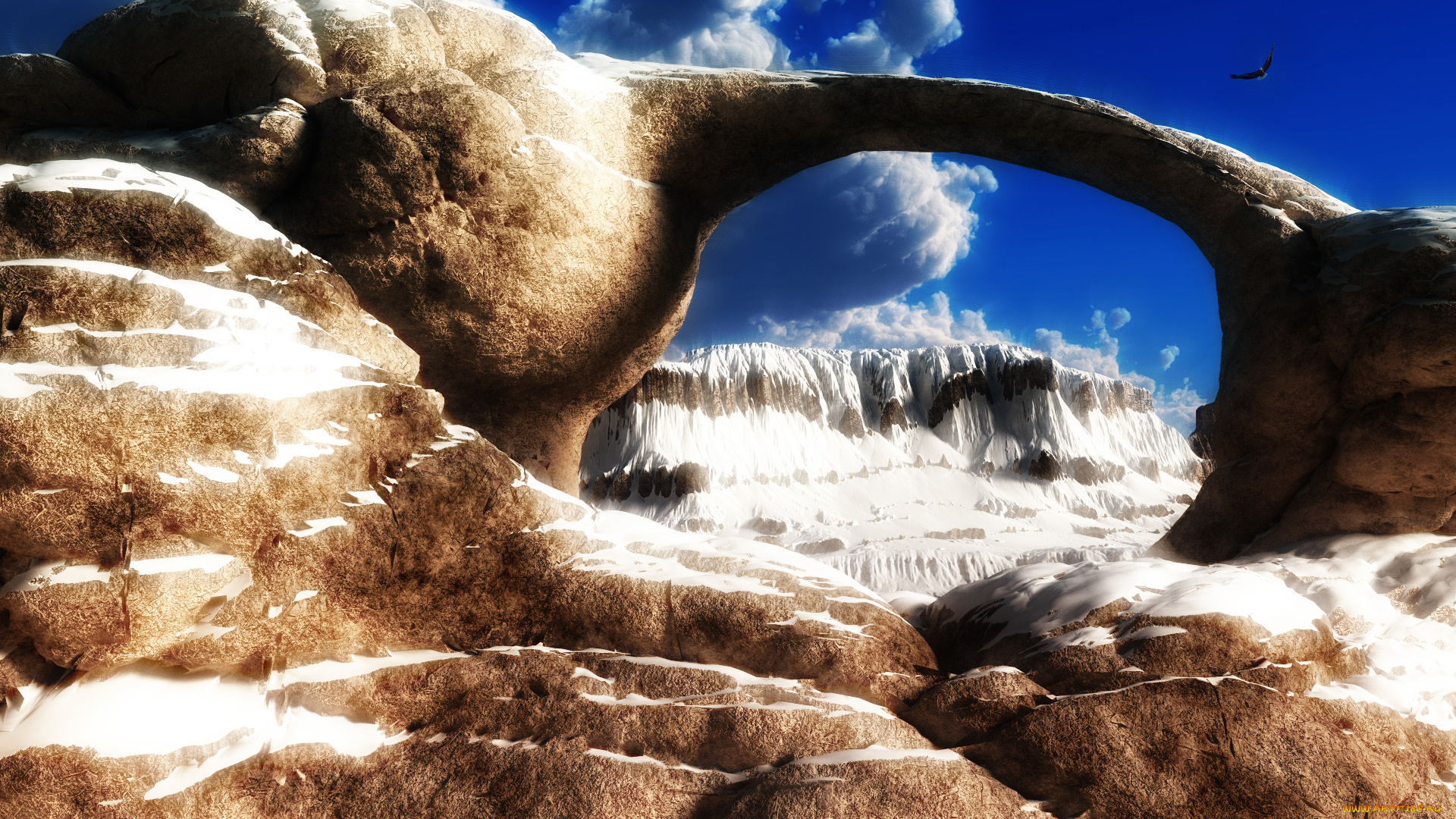 desolate, 3д, графика, nature, landscape, природа, ледник, облака, орел, горы