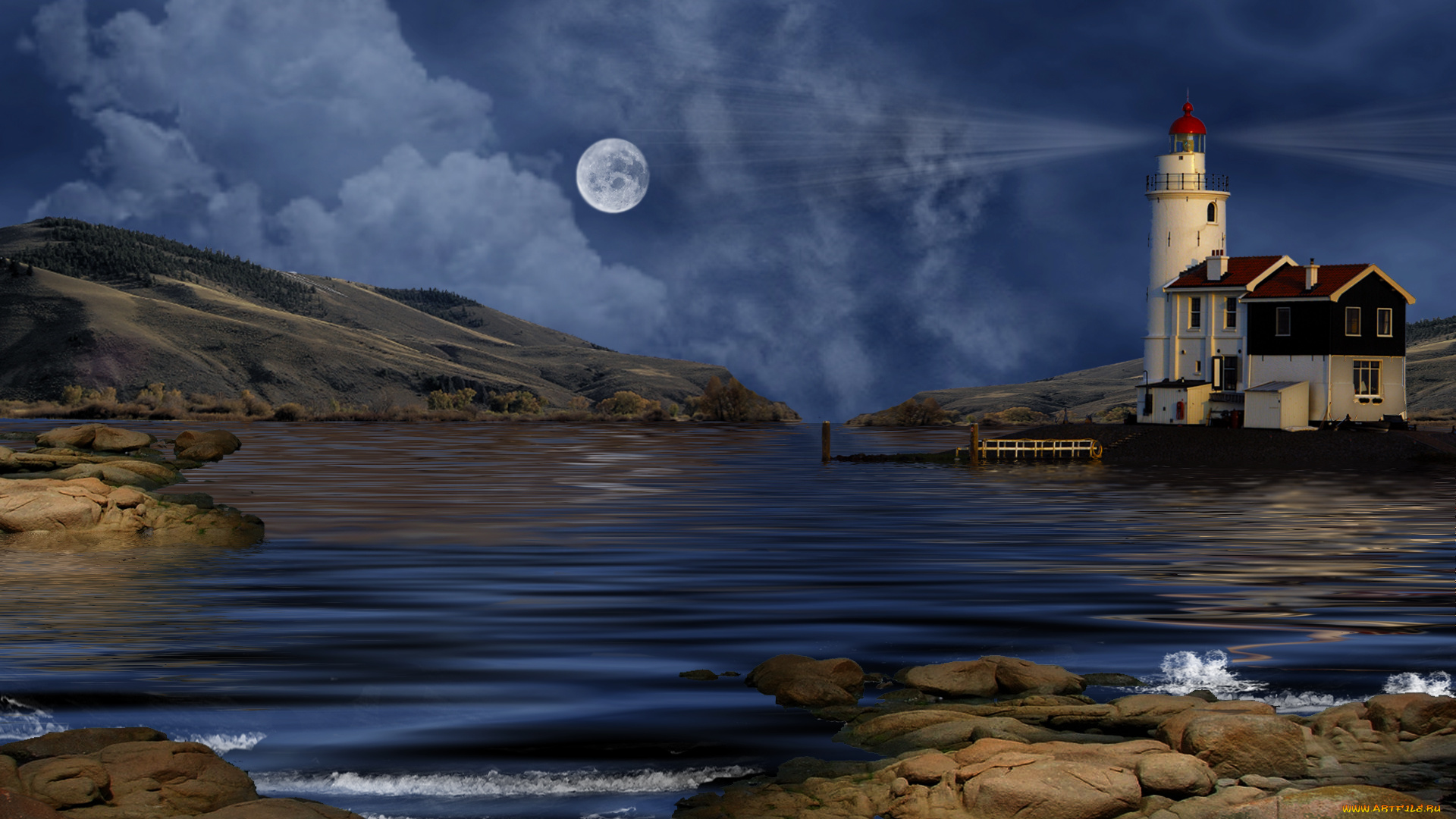 harbor, light, 3д, графика, nature, landscape, природа, облака, маяк, луна, бухта, вечер