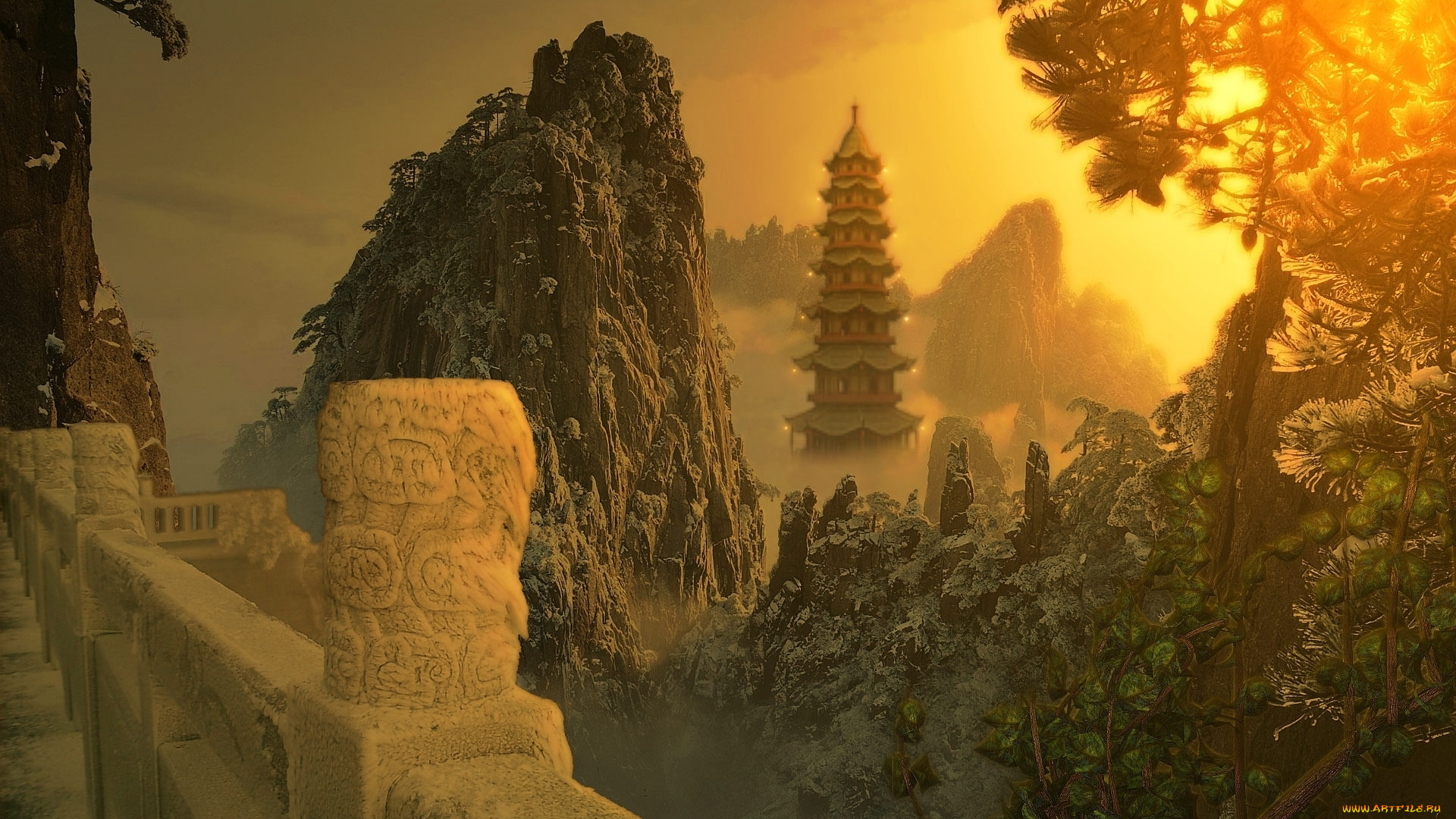 huangshang, winter, 3д, графика, nature, landscape, природа, деревья, парапет, дворец, зима