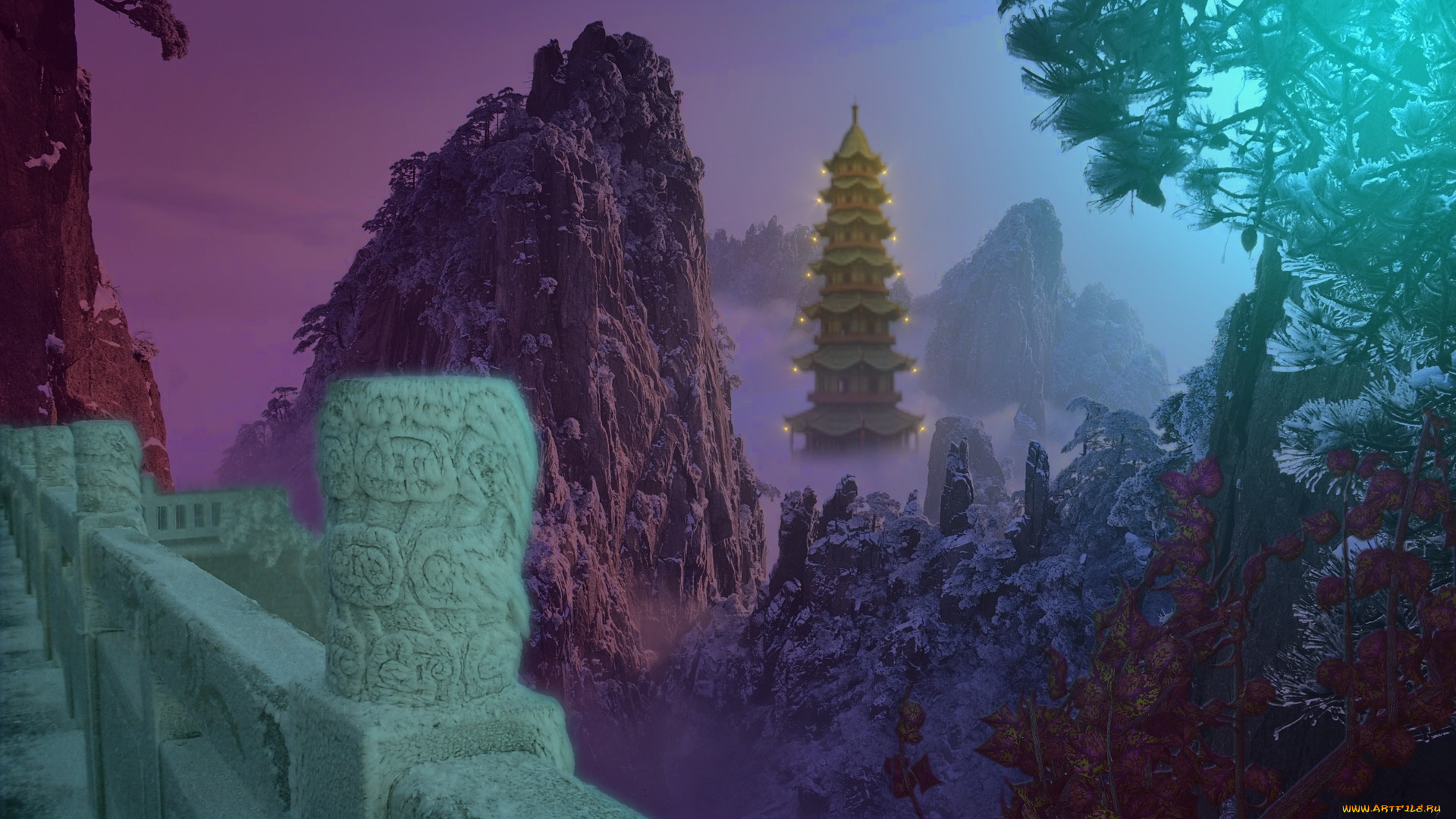 huangshang, winter, 3д, графика, nature, landscape, природа, зима, дворец, деревья, парапет