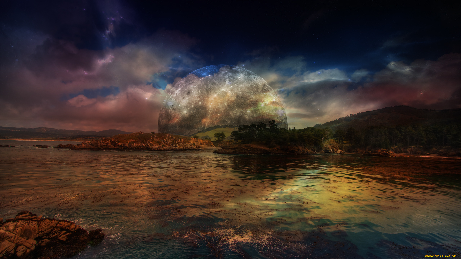 moon, over, monterey, bay, разное, компьютерный, дизайн, луна, река, лес, вечер