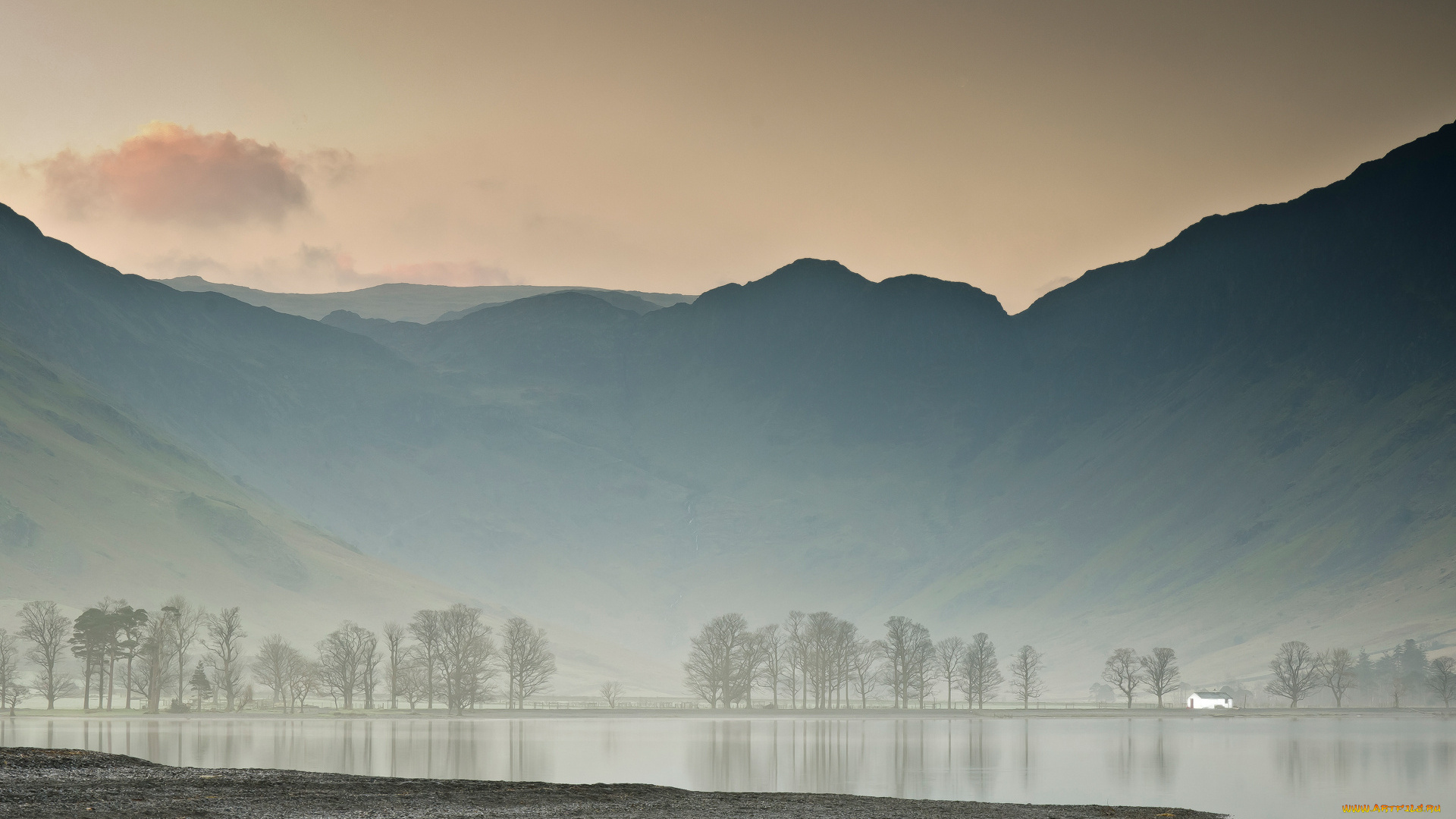 природа, горы, домик, деревья, небо, рассвет, озеро, туман