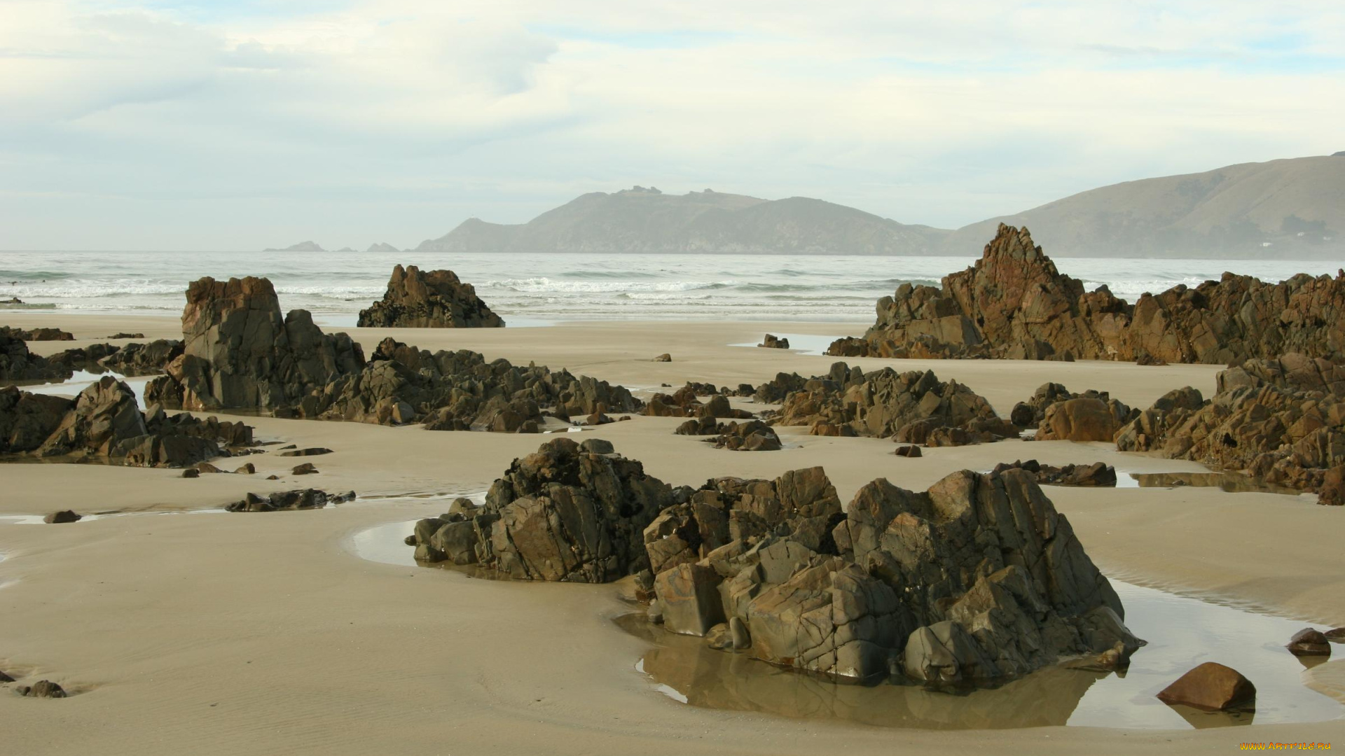 природа, побережье, water, ocean, sunlight, clouds, waves, sand, rocks