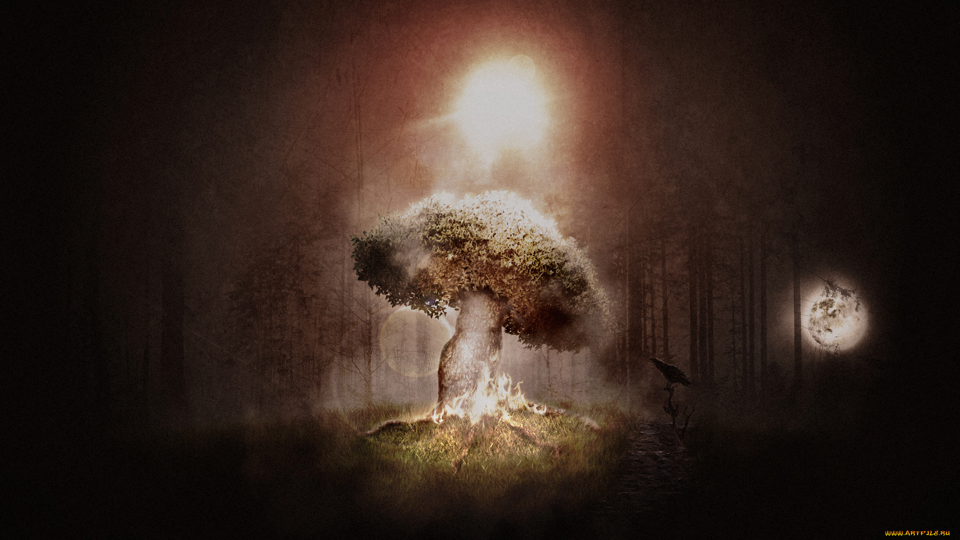 summer, solstice, 3д, графика, nature, landscape, природа, дерево, полумрак, свет