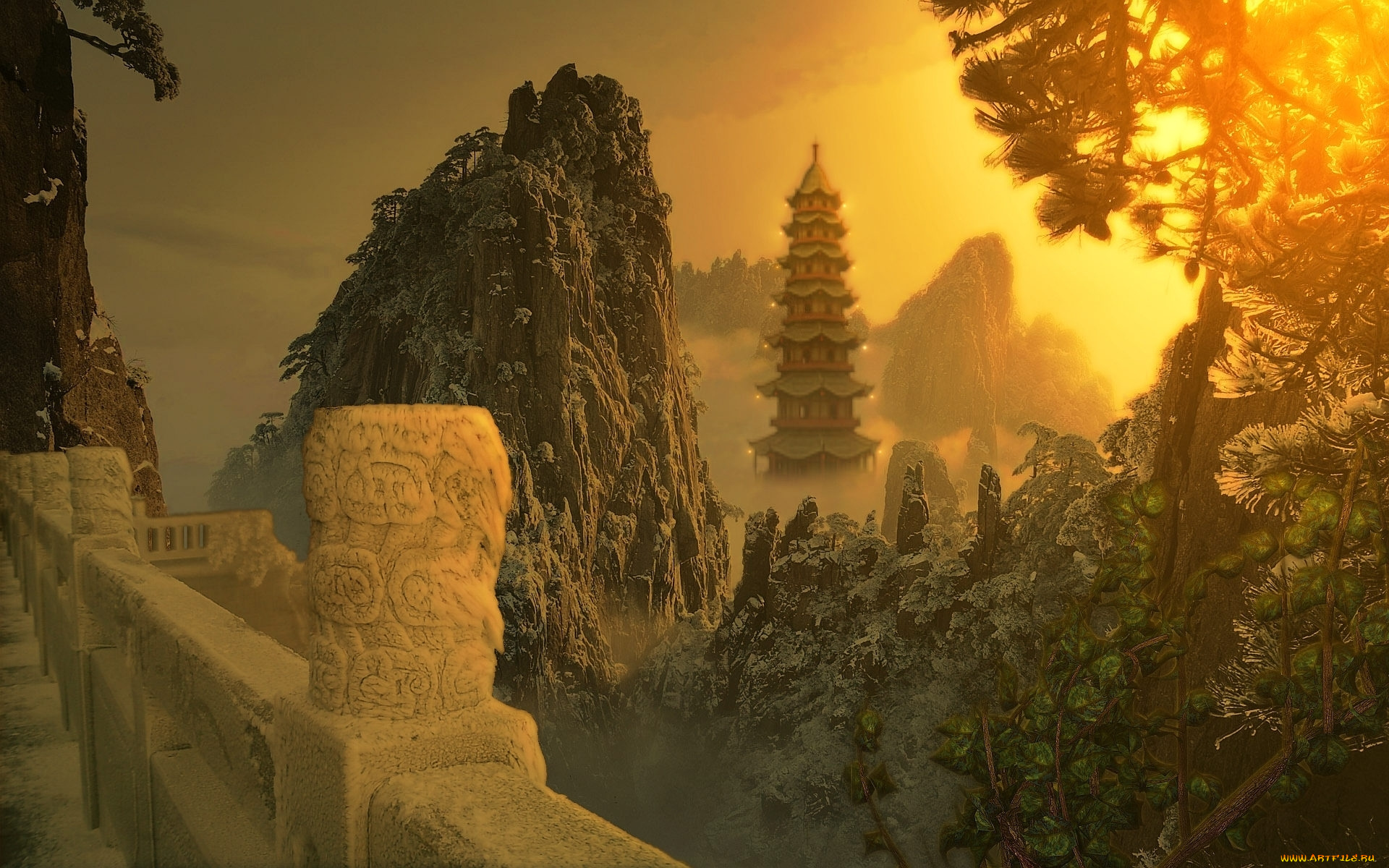 huangshang, winter, 3д, графика, nature, landscape, природа, деревья, парапет, дворец, зима