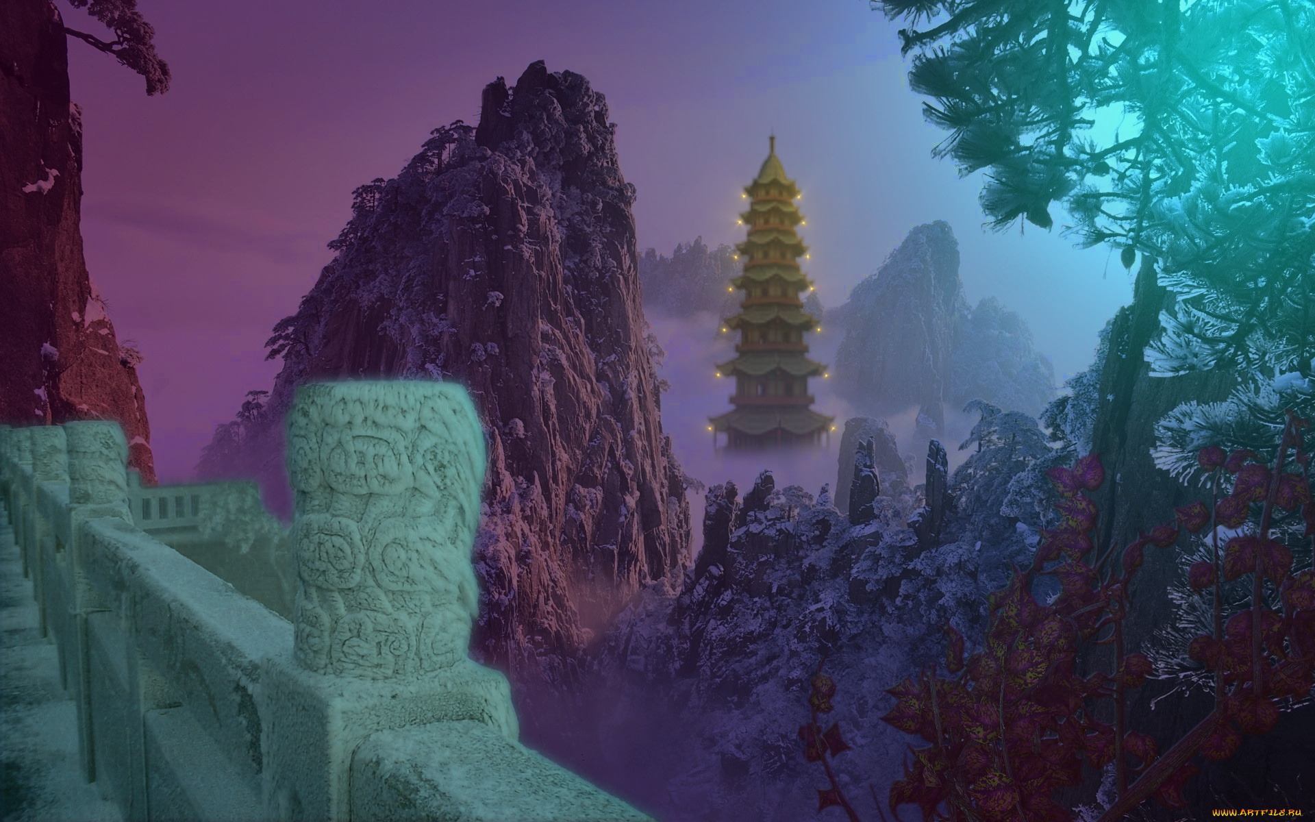 huangshang, winter, 3д, графика, nature, landscape, природа, зима, дворец, деревья, парапет