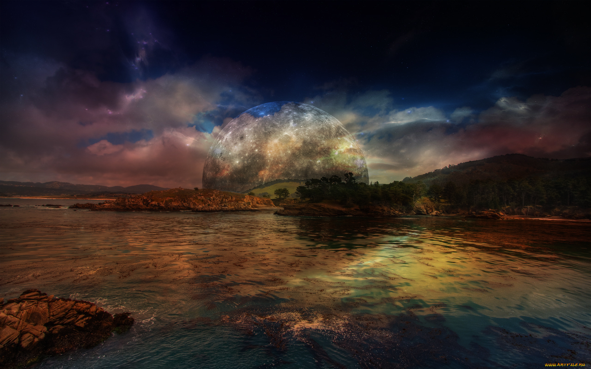 moon, over, monterey, bay, разное, компьютерный, дизайн, луна, река, лес, вечер