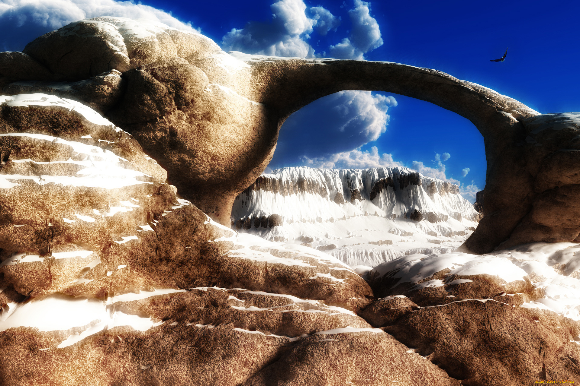 desolate, 3д, графика, nature, landscape, природа, ледник, облака, орел, горы