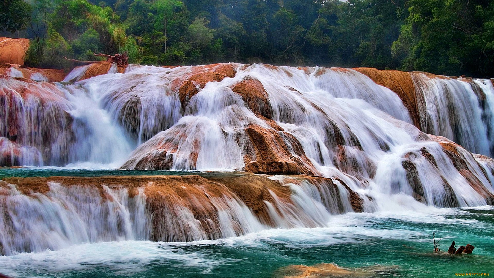 cascadas, de, agua, azul, chiapas, природа, водопады, река, лес, пороги, водопад