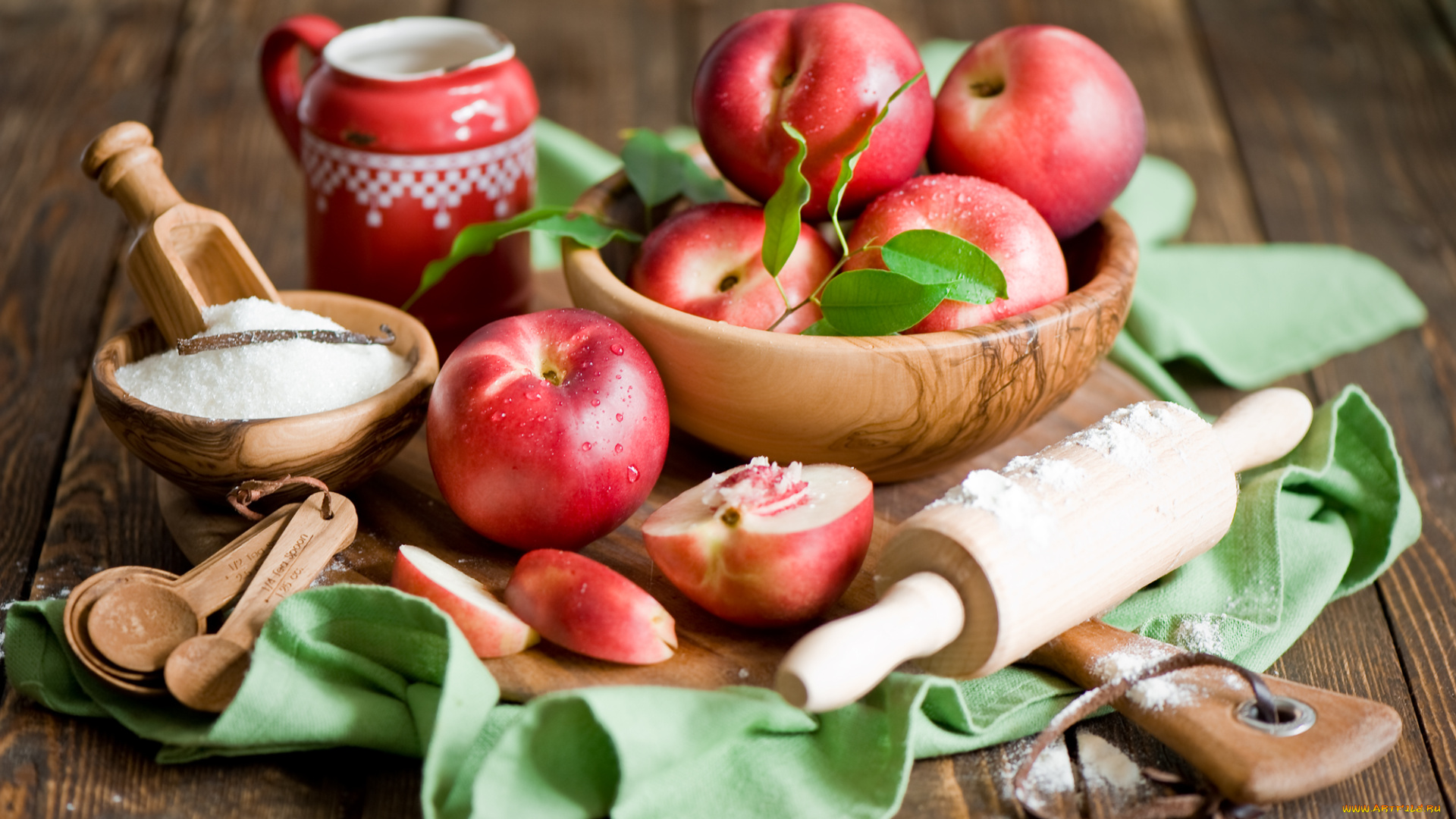 еда, персики, сливы, абрикосы, сахар, скалка, натюрморт, фрукты, нектарины