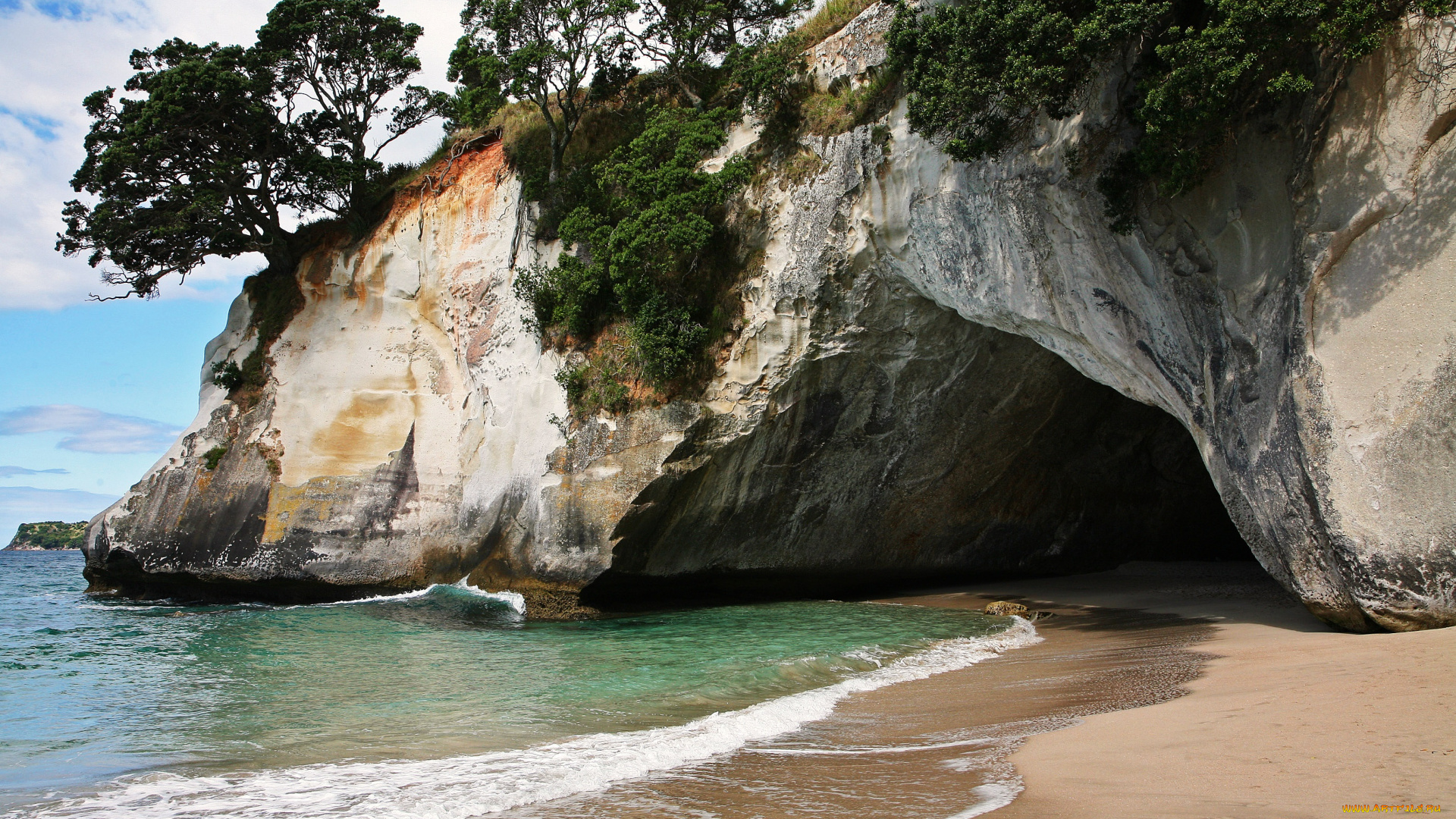 hahei, cathedral, cove, природа, побережье, море, пляж, скала, грот, деревья