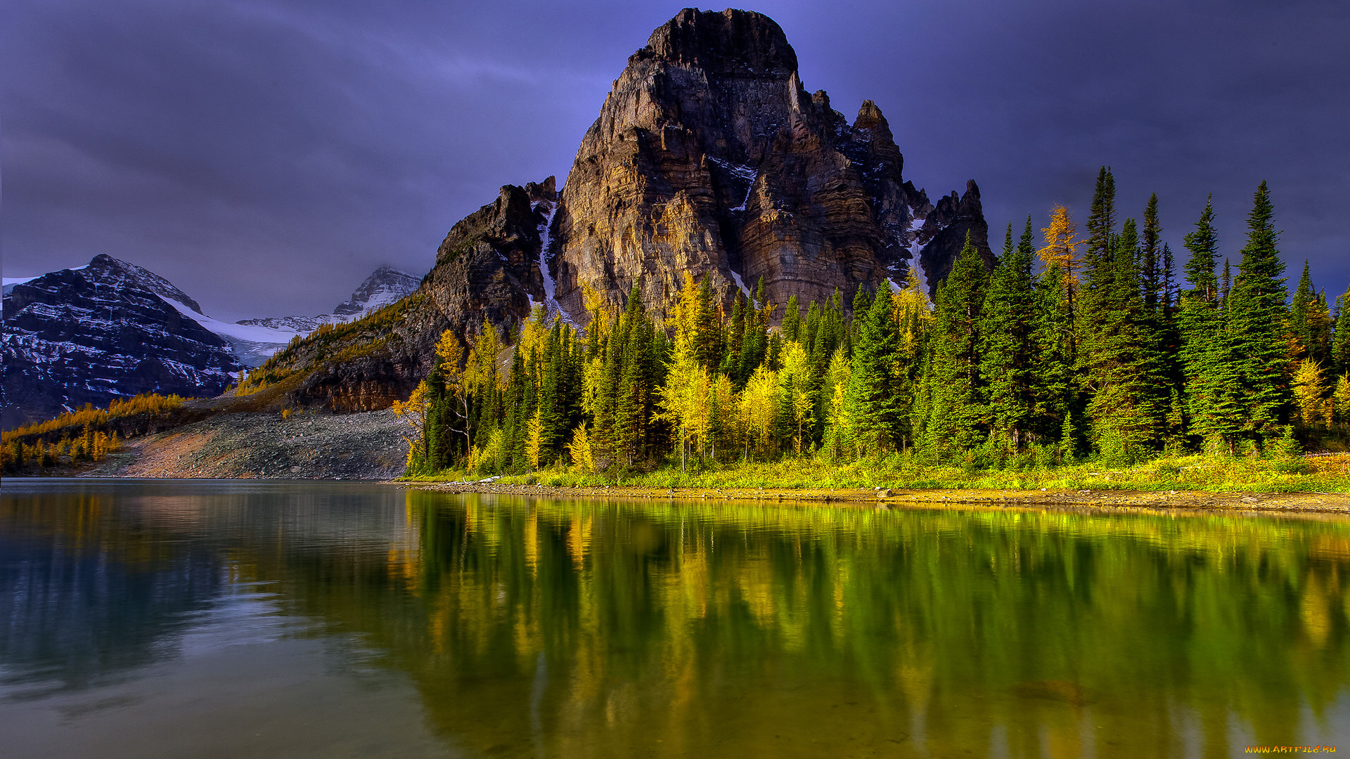 природа, горы, река, лес, облака, снег