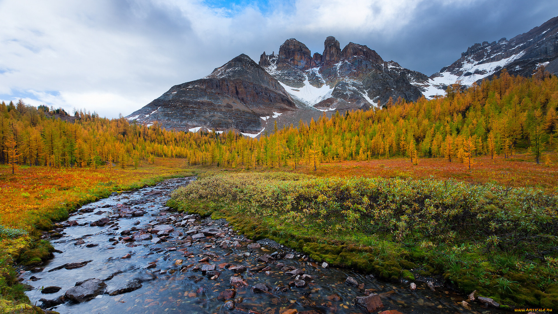 природа, горы, снег, облака, лес, река