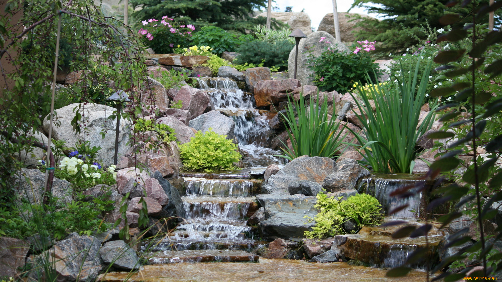 природа, парк, растения, миниводопад, сад