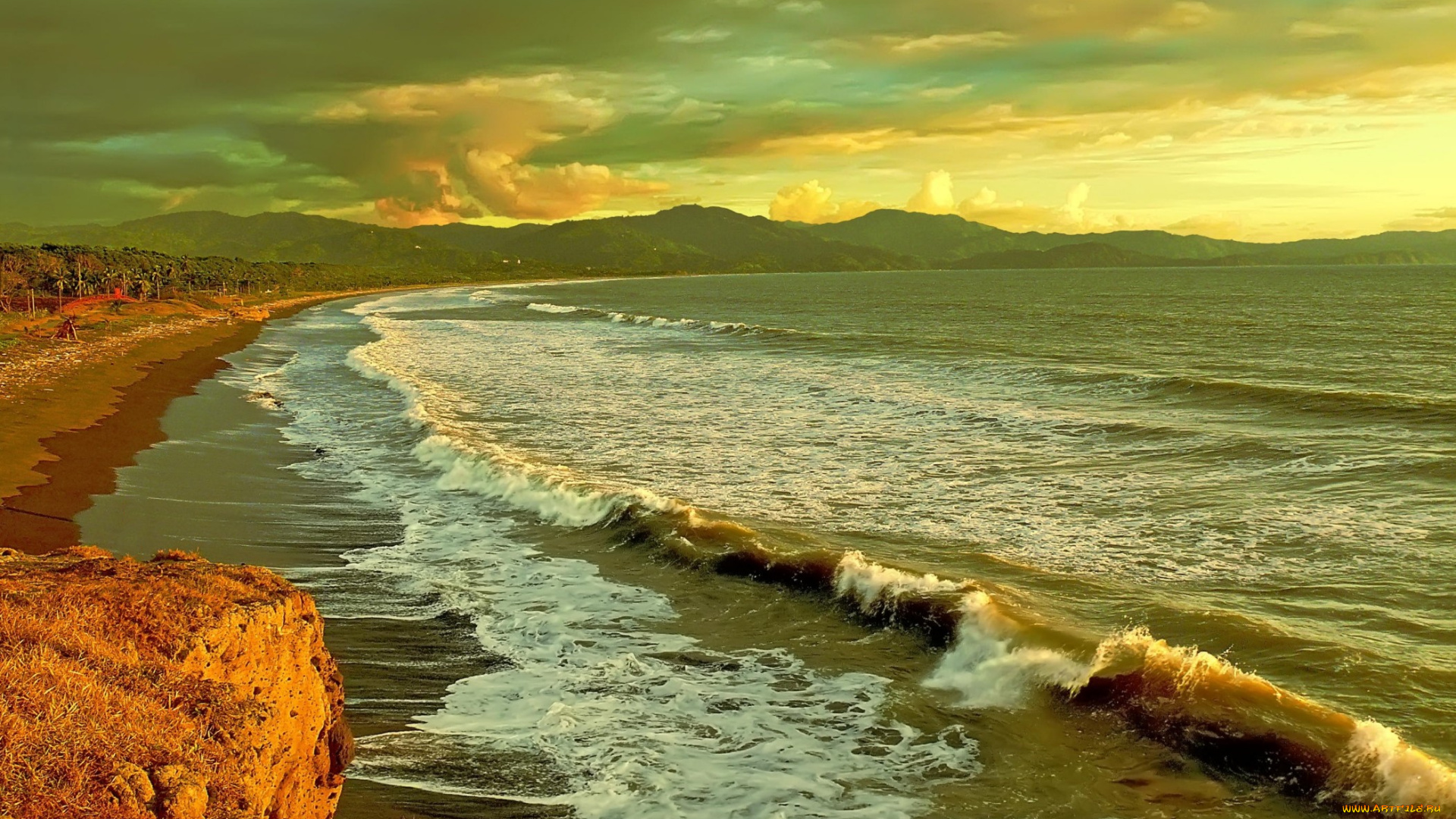 природа, побережье, волны, тучи, океан, пляж