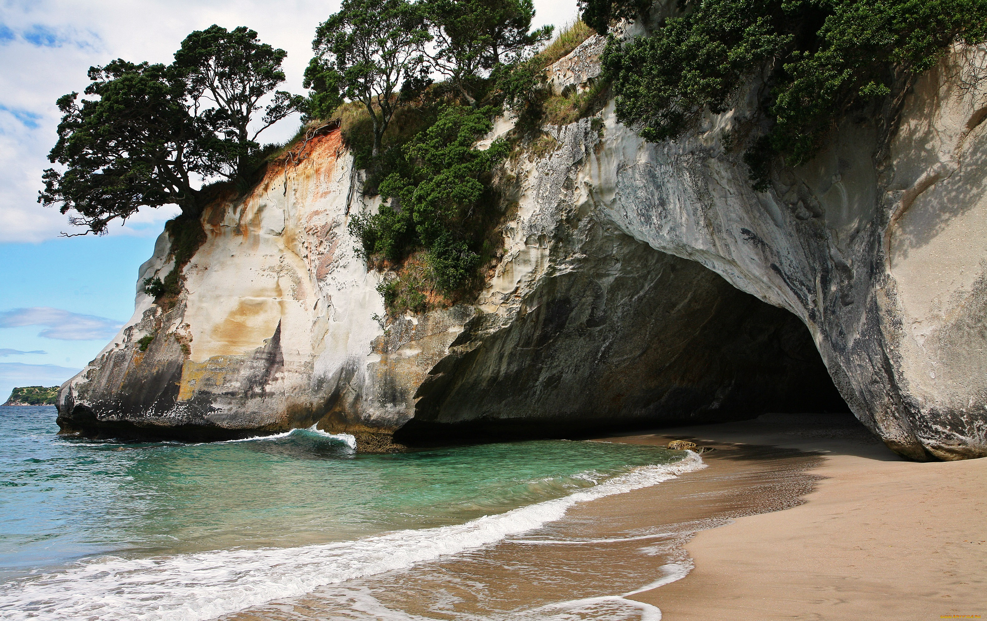 hahei, cathedral, cove, природа, побережье, море, пляж, скала, грот, деревья