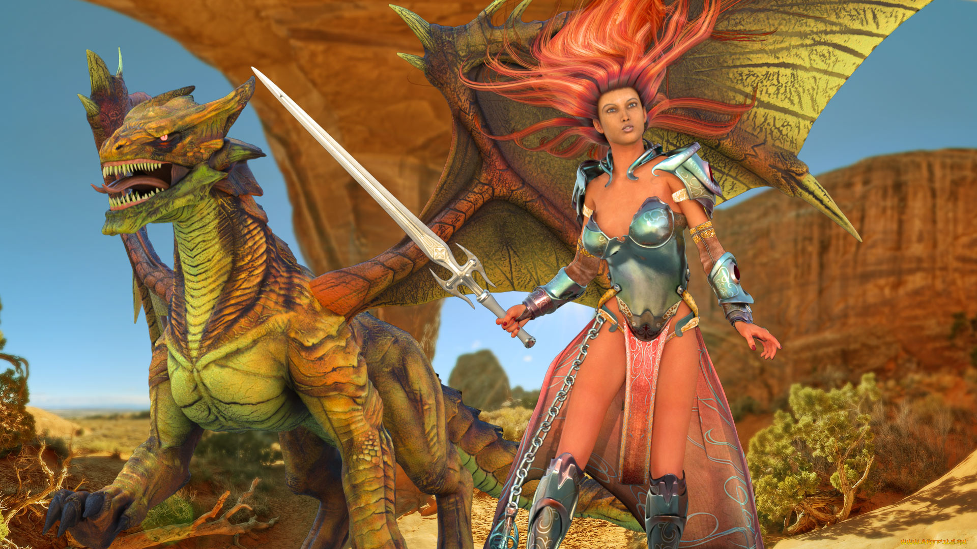 3д, графика, эльфы, , elves, дракон, оружие, фон, взгляд, эльфийка