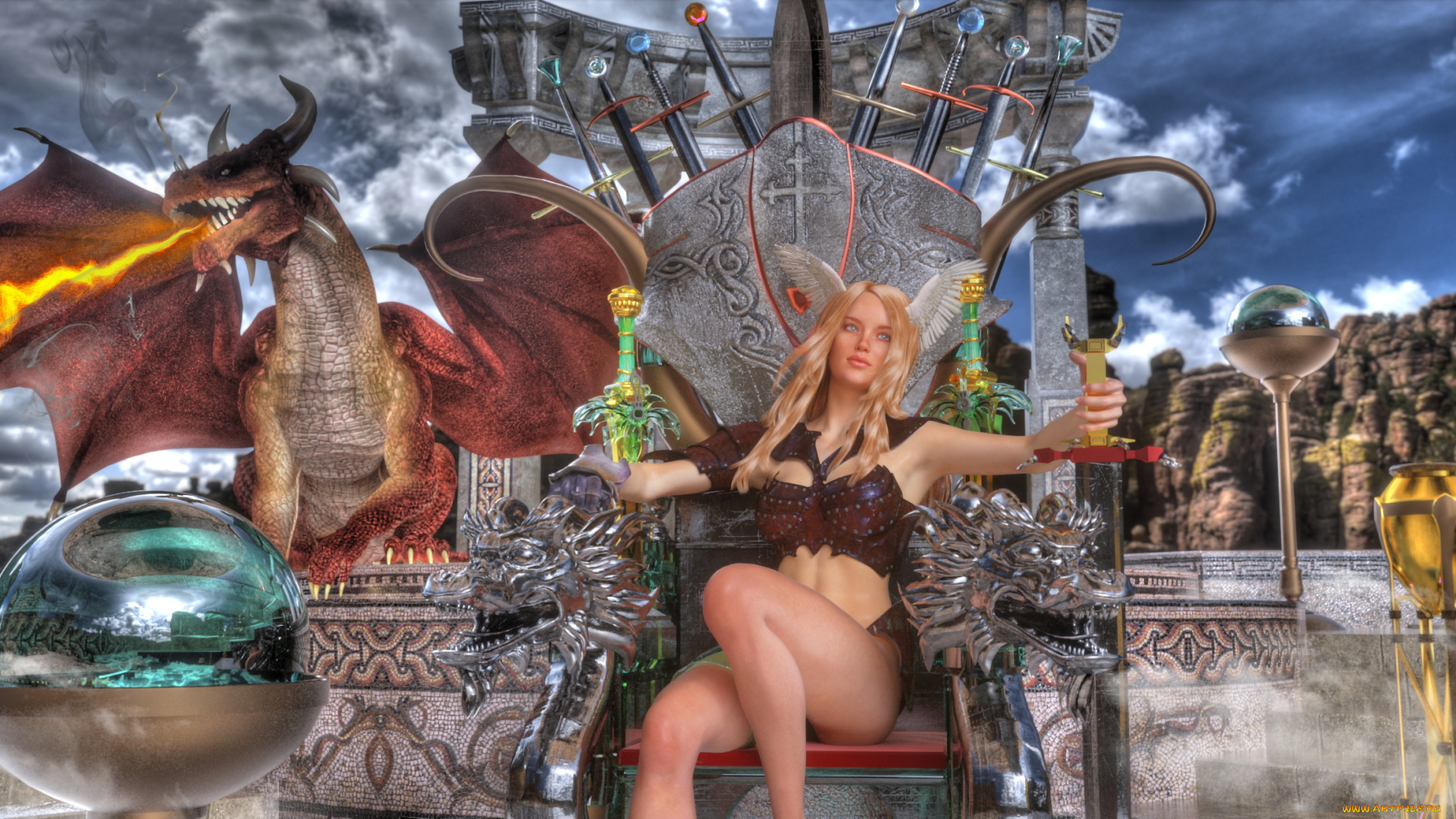 3д, графика, фантазия, , fantasy, девушка, дракон, фон, взгляд