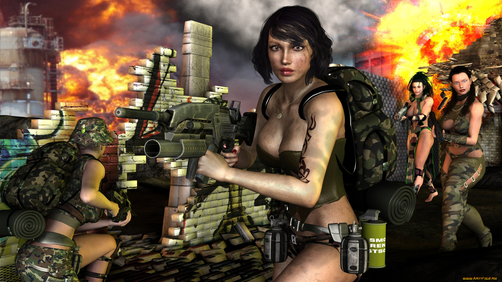 3д, графика, фантазия, , fantasy, девушки, оружие, взгляд, фон