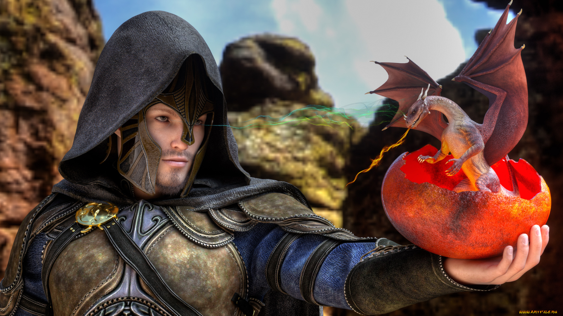 3д, графика, фантазия, , fantasy, дракон, фон, взгляд, мужчина