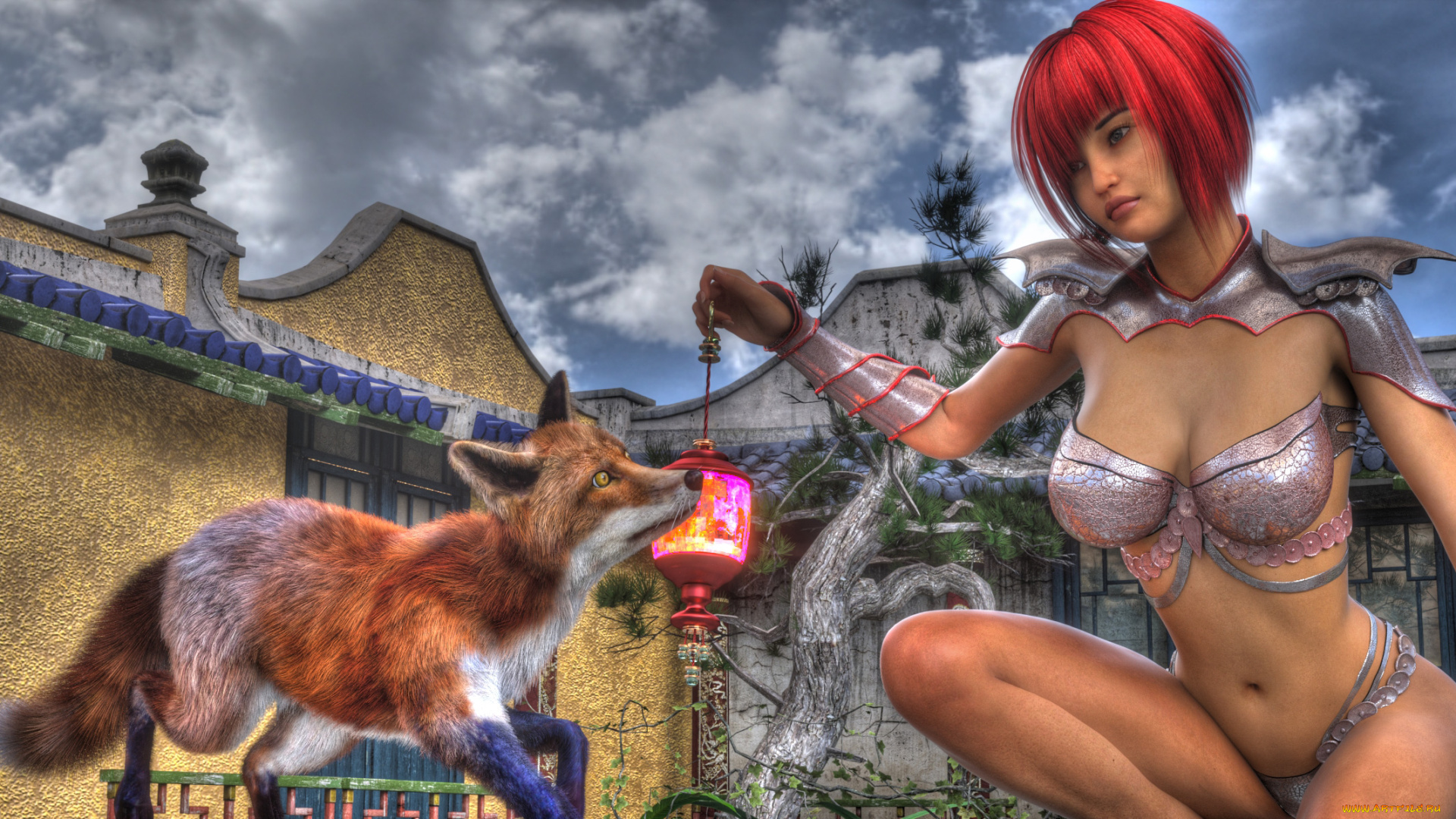 3д, графика, фантазия, , fantasy, лиса, рыжая, фон, взгляд, девушка