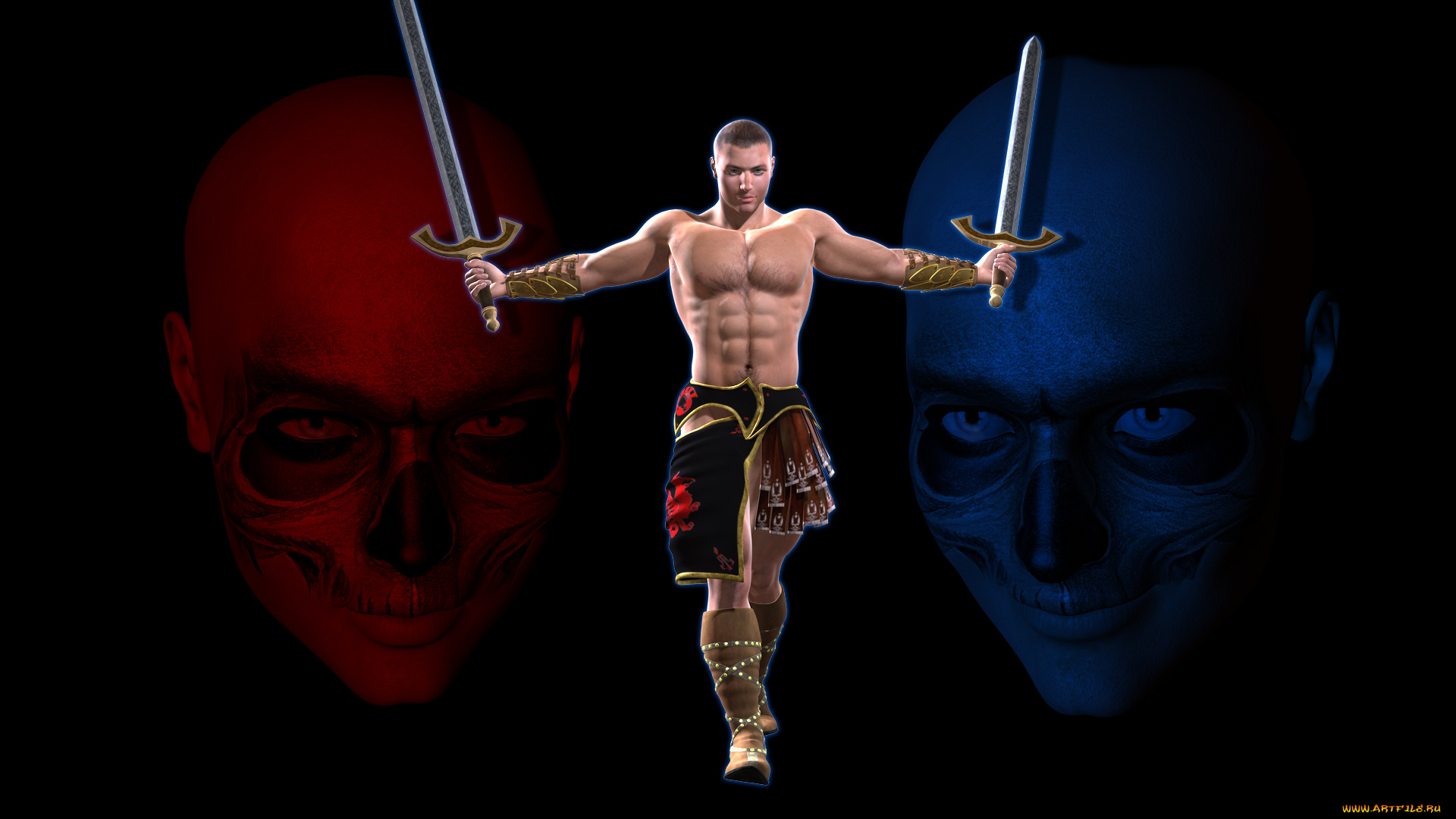 3д, графика, фантазия, , fantasy, оружие, демоны, фон, взгляд, мужчина