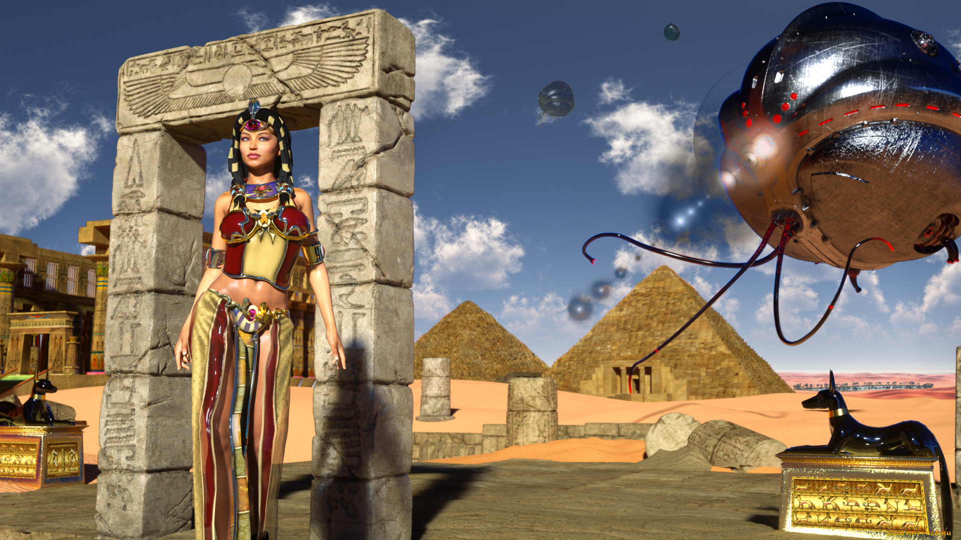 3д, графика, фантазия, , fantasy, пирамиды, фон, взгляд, девушка