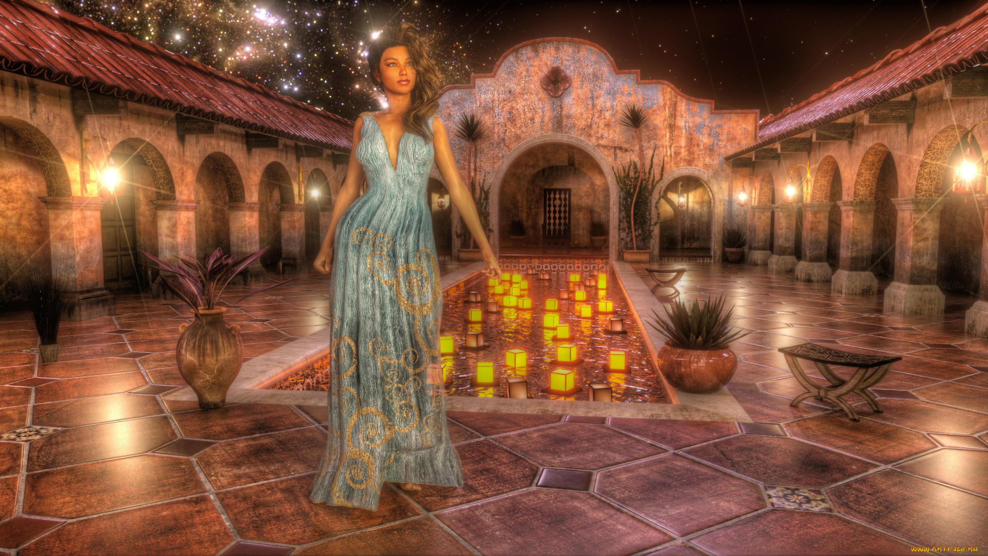 3д, графика, люди, , people, бассейн, фон, взгляд, девушка, интерьер