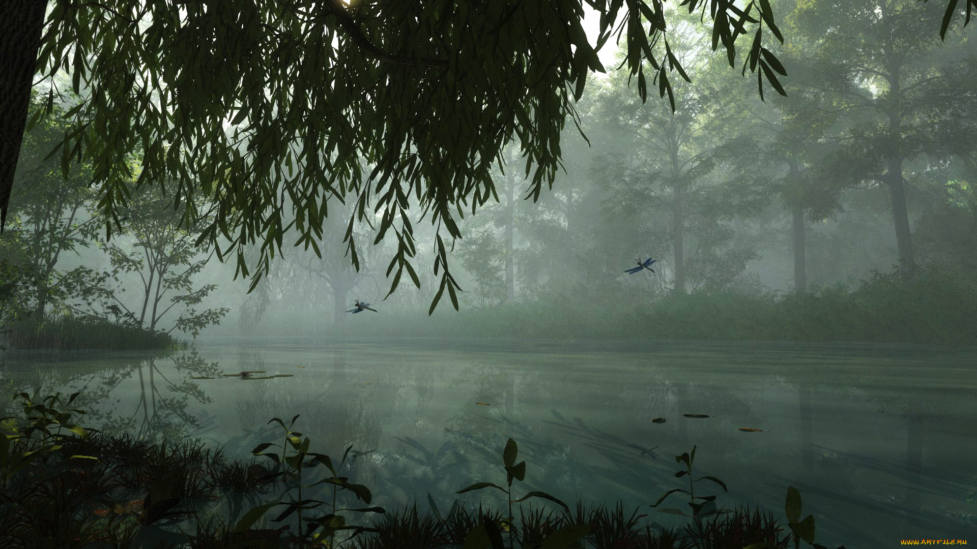 3д, графика, природа, , nature, деревья, река, лес