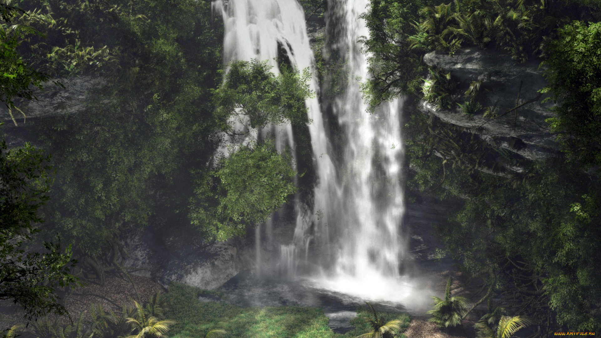 3д, графика, природа, , nature, водопад, лес