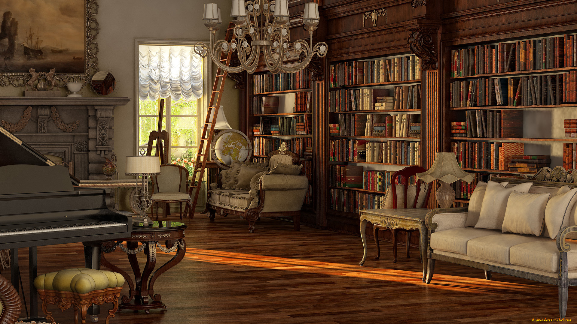 3д, графика, реализм, , realism, стол, диван, комната, окно, стулья, пианино, светильник, картины, книги
