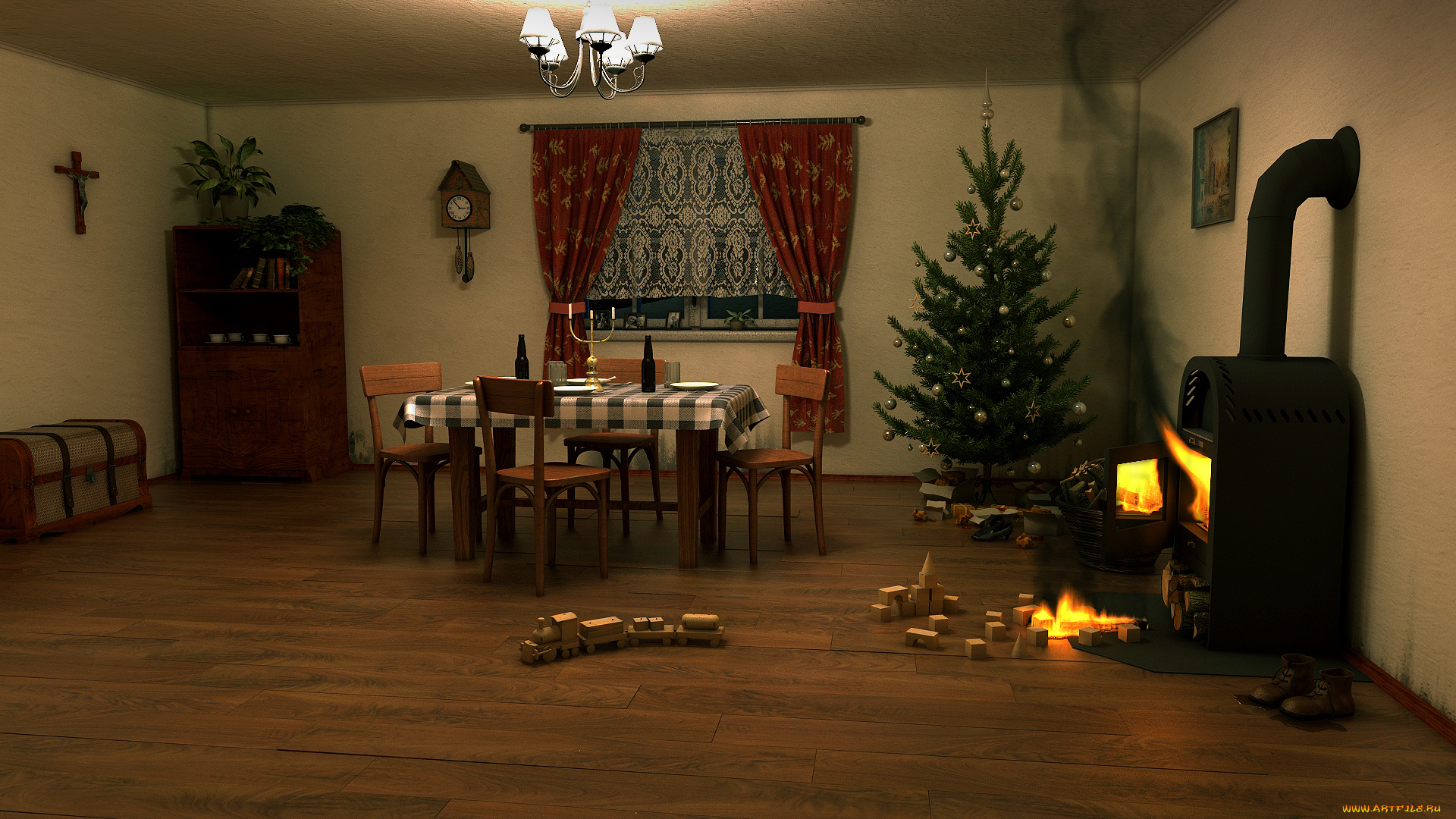 3д, графика, реализм, , realism, стол, ель, комната, шторы, окно, часы, комод, интерьер, камин
