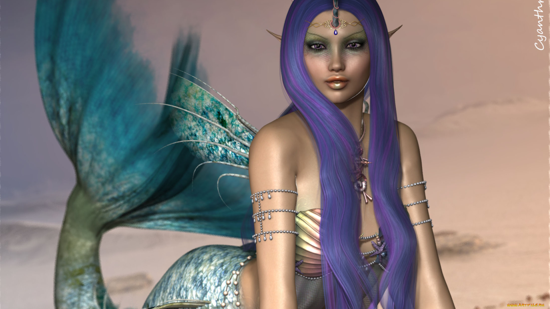 3д, графика, существа, , creatures, русалка, взгляд, фон, девушка