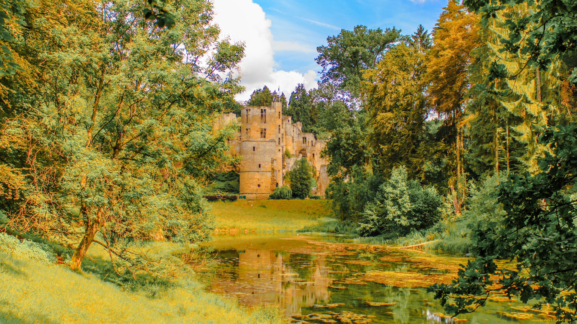 burg, beaufortluxemburg, города, -, дворцы, , замки, , крепости, парк, замок, пруд