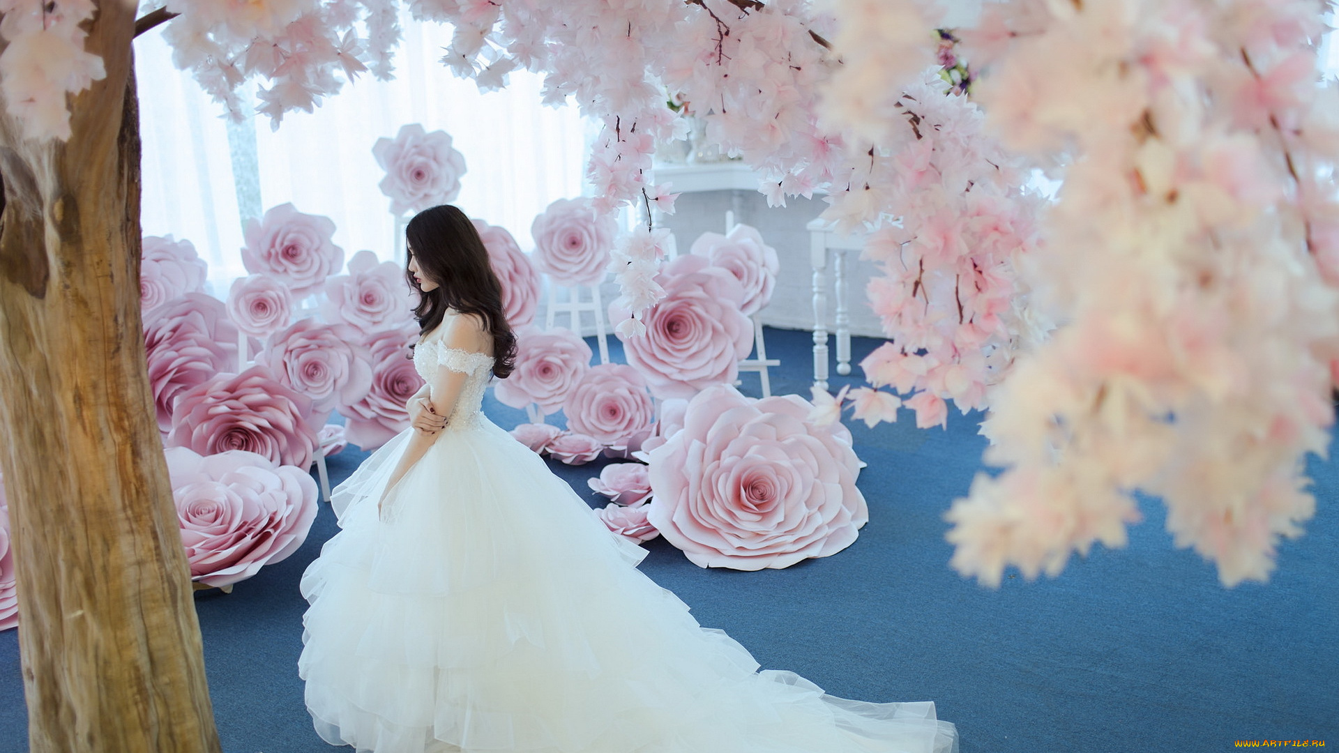 девушки, -unsort, , азиатки, цветы, платье, девушка