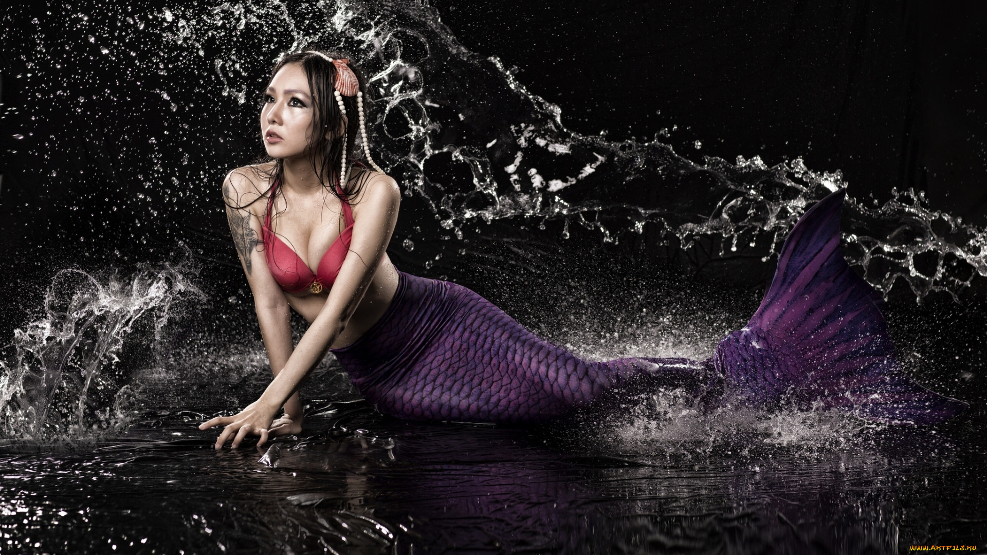 девушки, -unsort, , креатив, брызги, русалка, вода, грудь, поза, азиатка