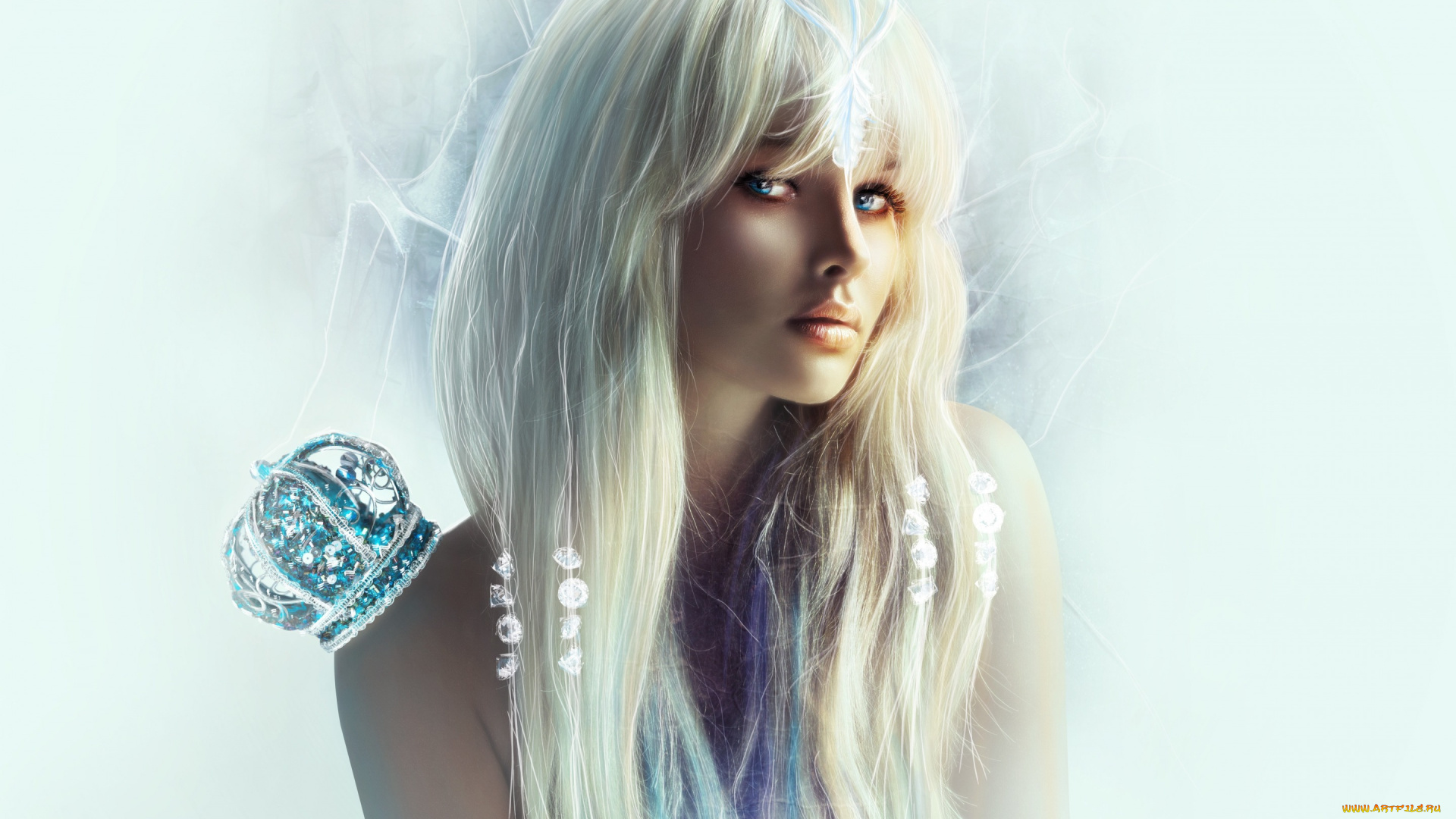 девушки, -unsort, , креатив, взгляд, блондинка, девушка, камни, корона, плечи, фон, глаза