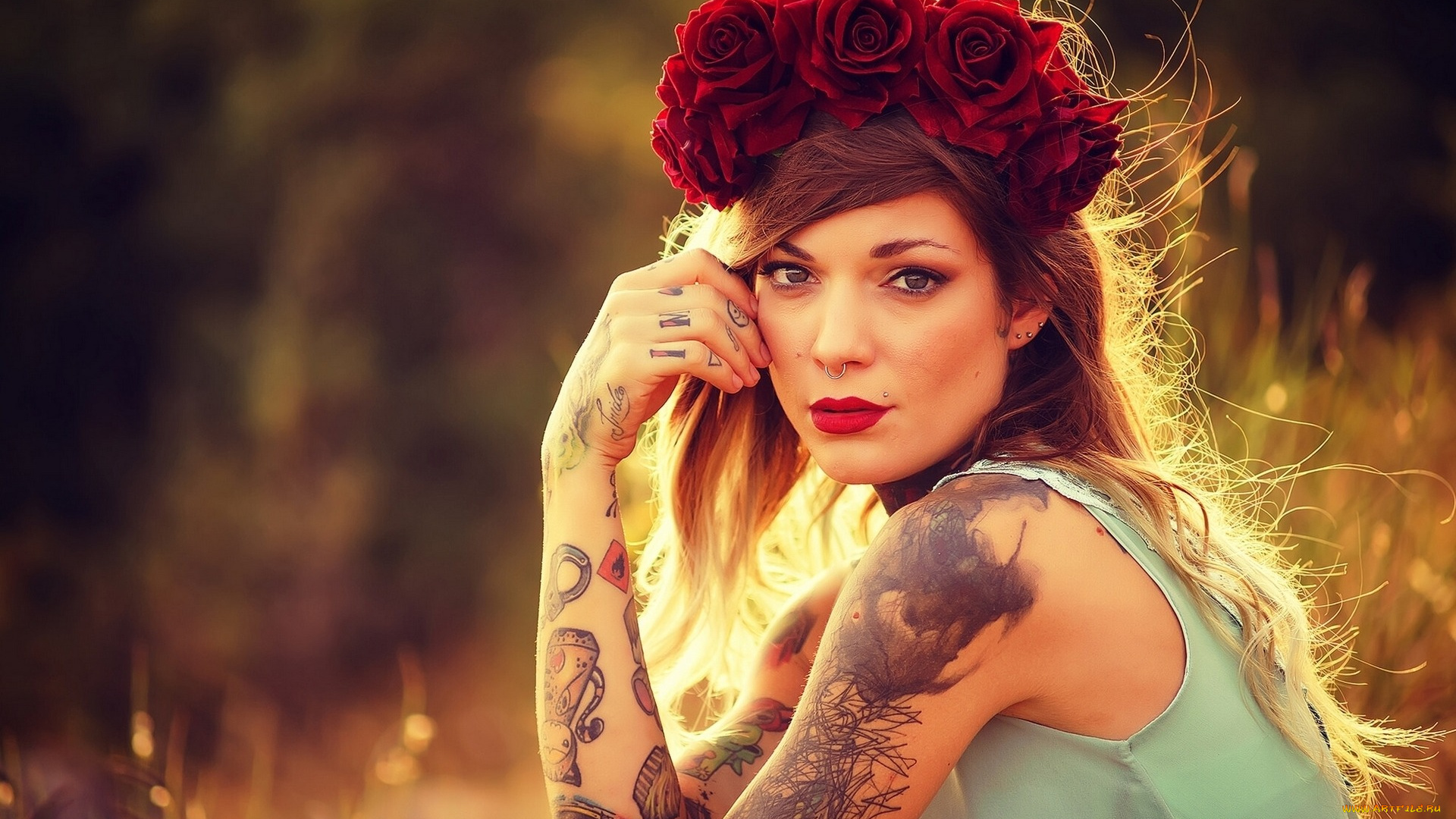 девушки, refen, doe, настроение, взгляд, каляки-маляки, цветы, тату, пирсинг, розы, венок, модель, девушка, refen, doe