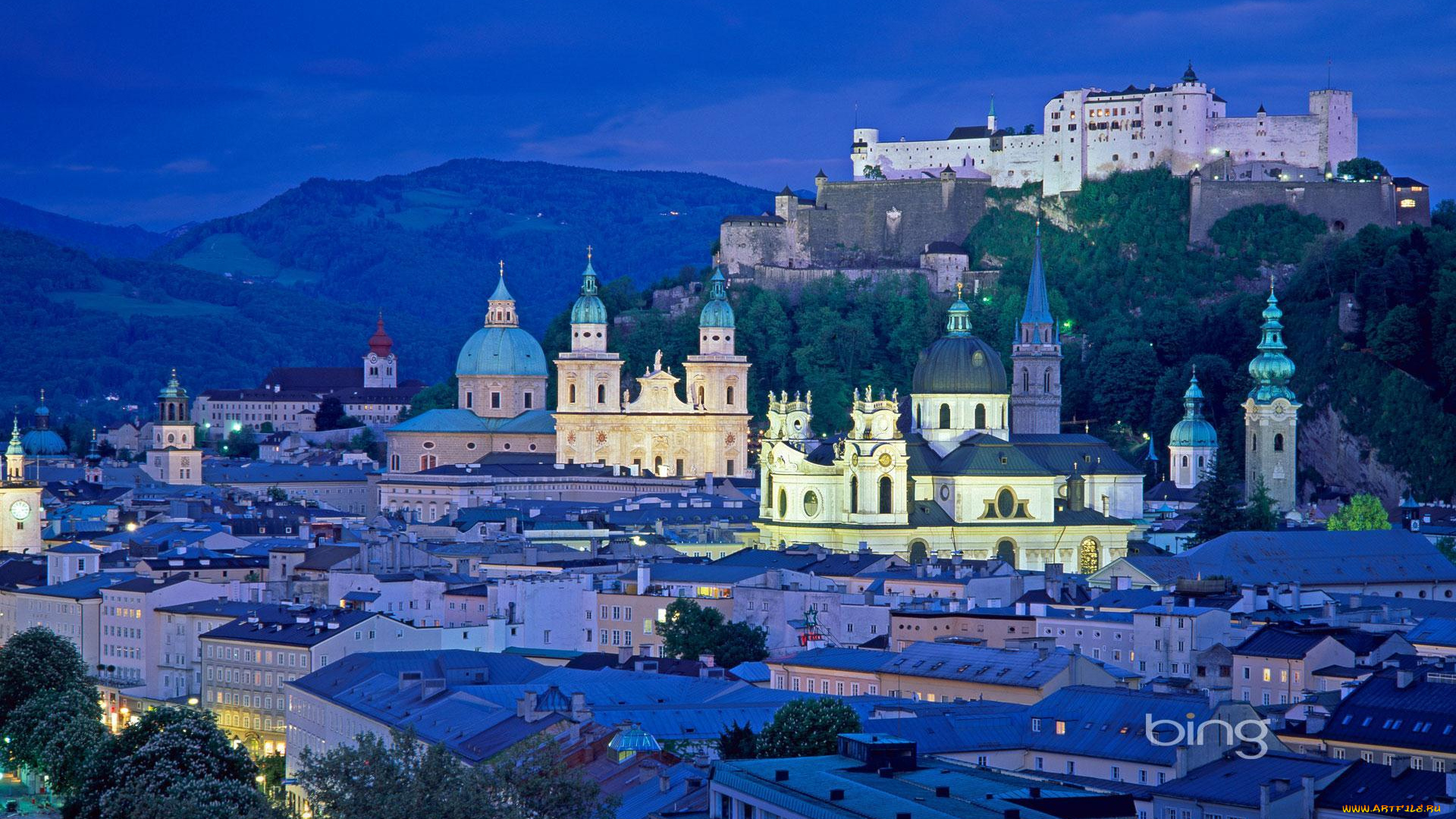 города, -, дворцы, , замки, , крепости, вечер, огни, архитектура, небо, купол, замок, гора, город, австрия, зальцбург, башня, крыша, дома, собор