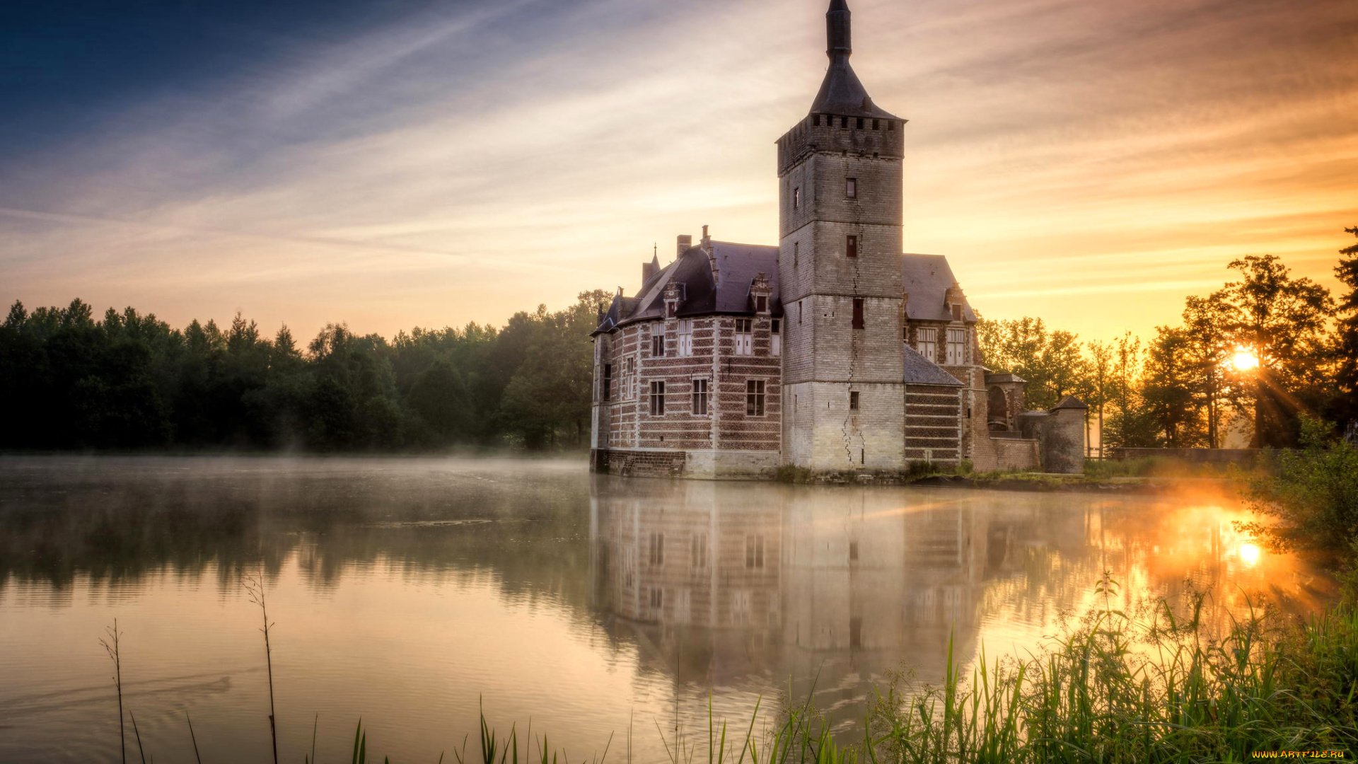 города, -, дворцы, , замки, , крепости, замок, озеро, небо, бельгия, horst, castle