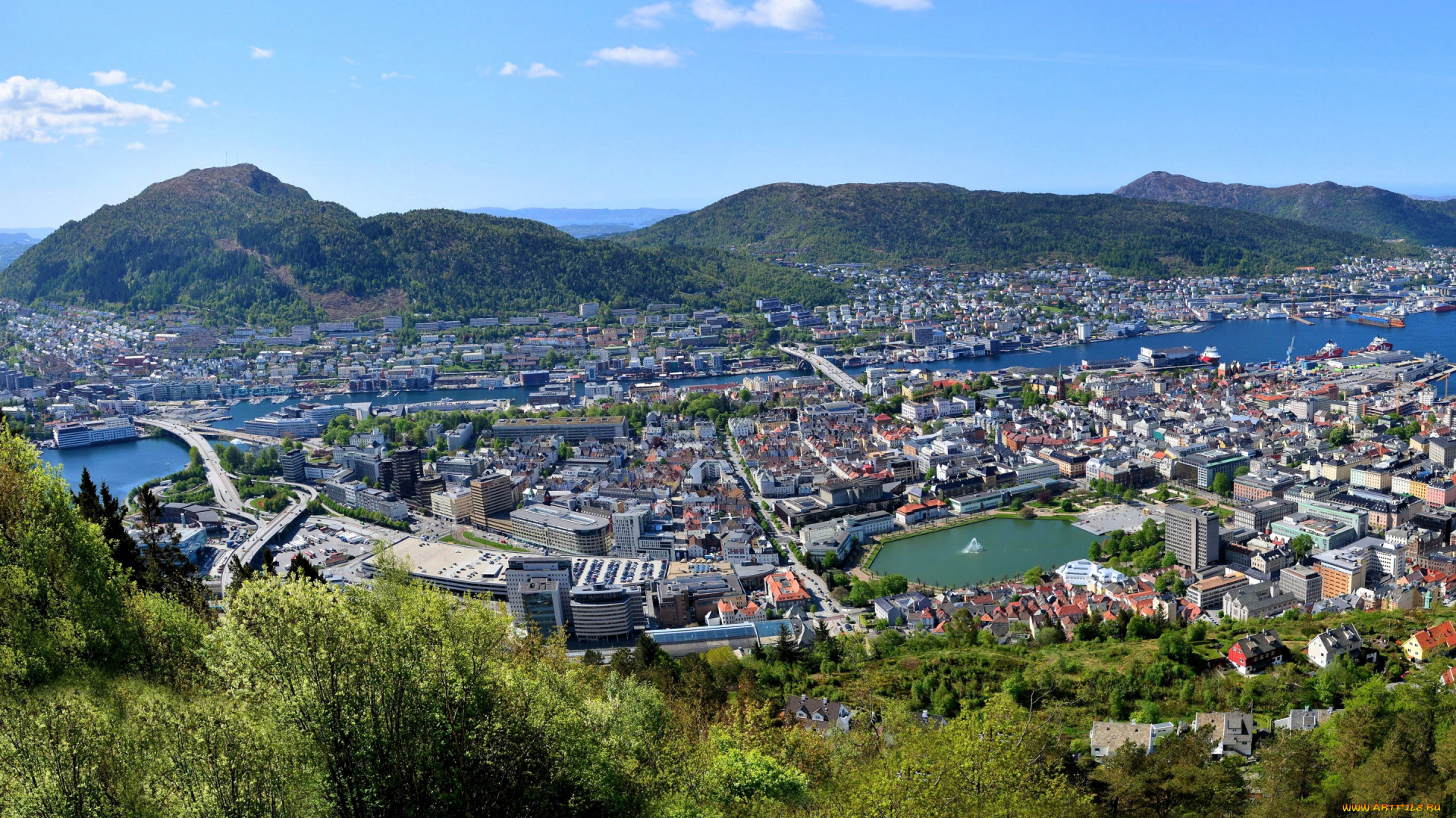 города, -, панорамы, пейзаж, горы, дома, мосты, река, норвегия, bergen, панорама