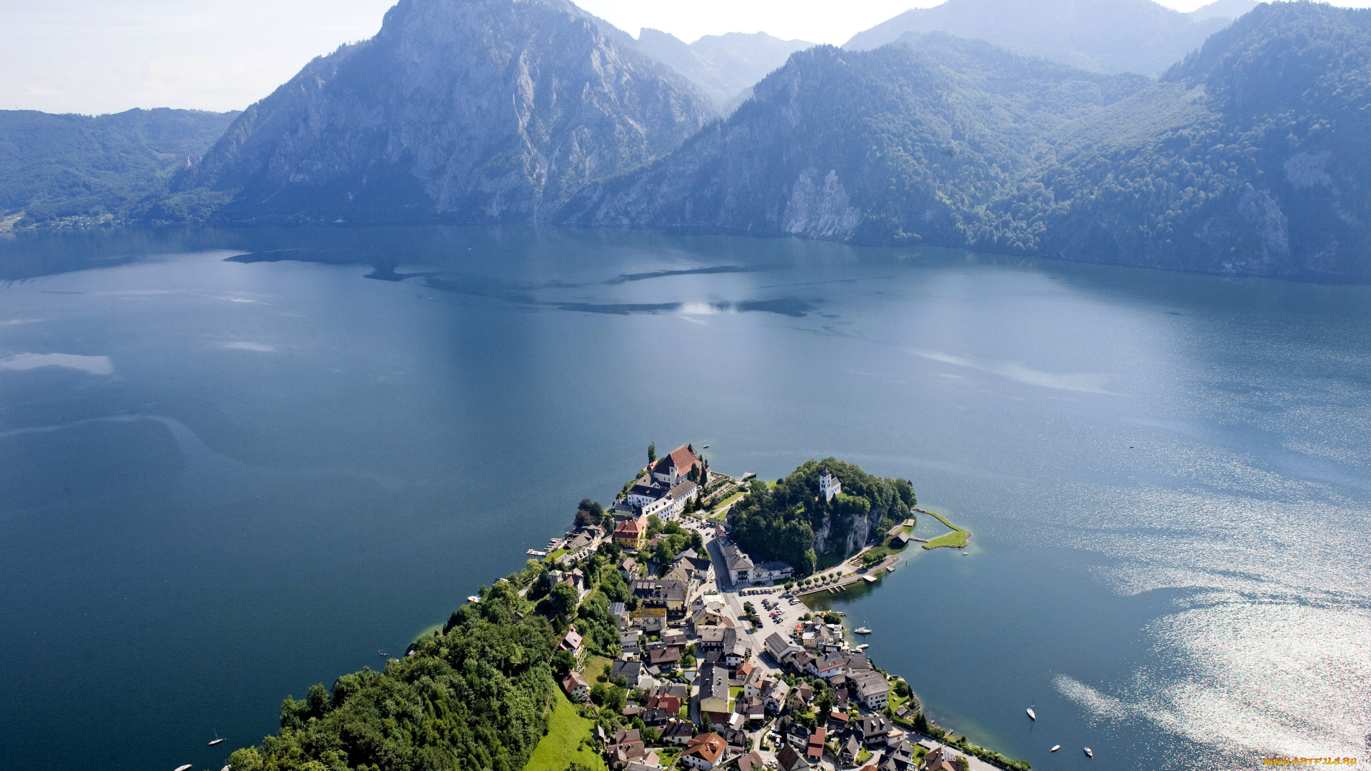 города, -, пейзажи, панорама, вид, сверху, деревья, дома, берег, горы, траунзе, озеро, traunkirchen, австрия