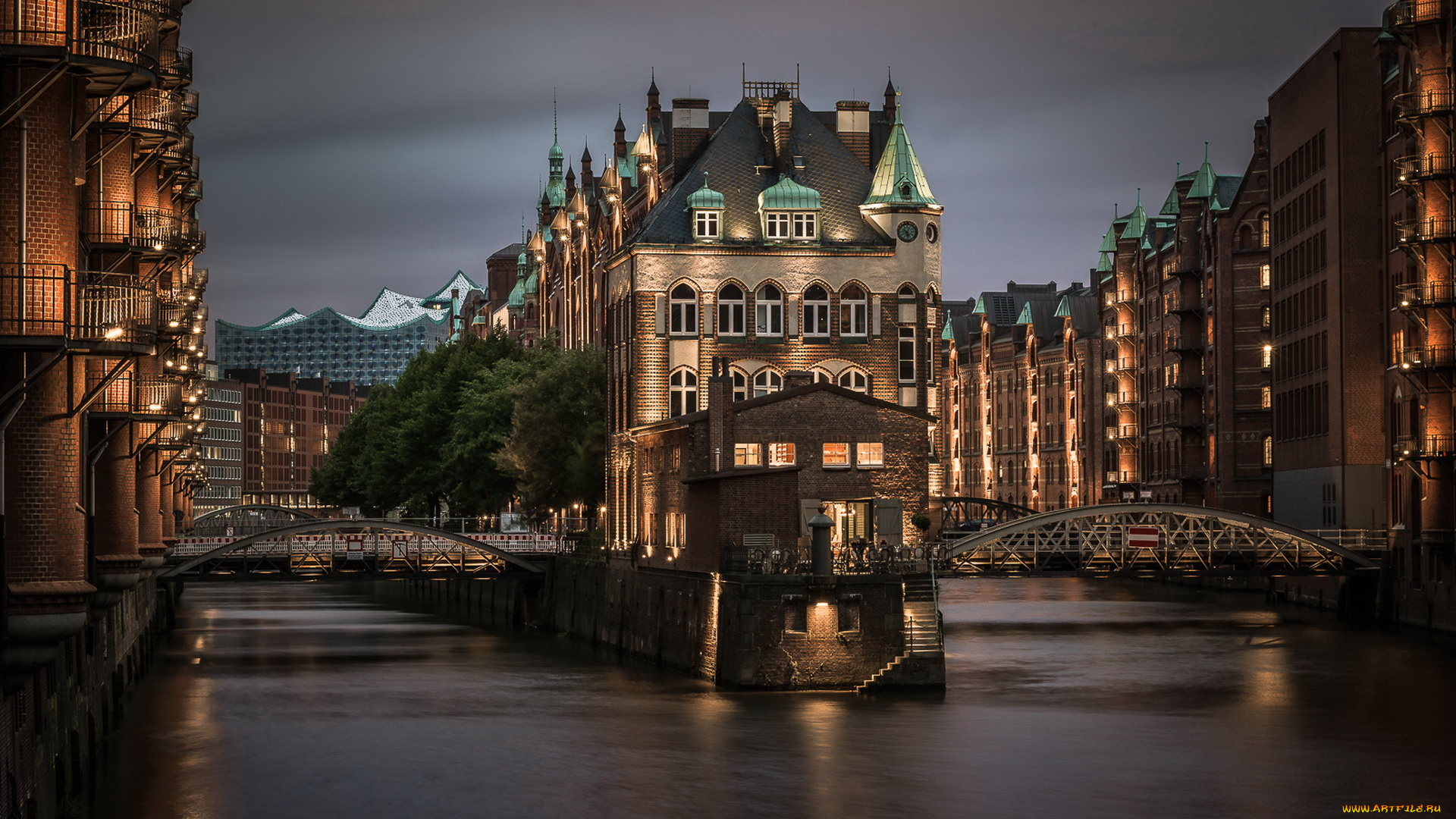 города, гамбург, , германия, hamburg, город, ночь