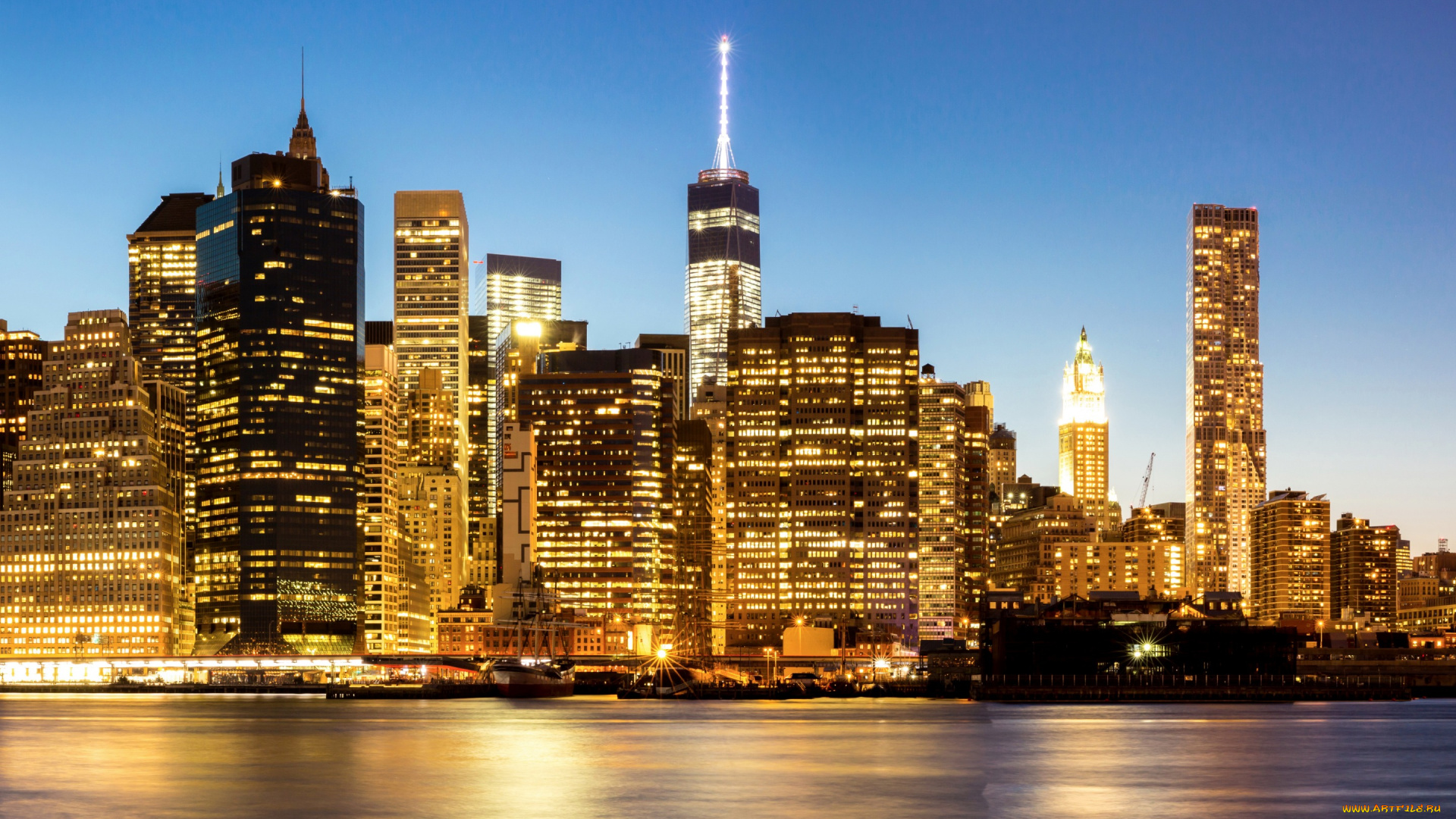 города, нью-йорк, , сша, побережье, нью-йорк, огни, ночь, небоскребы