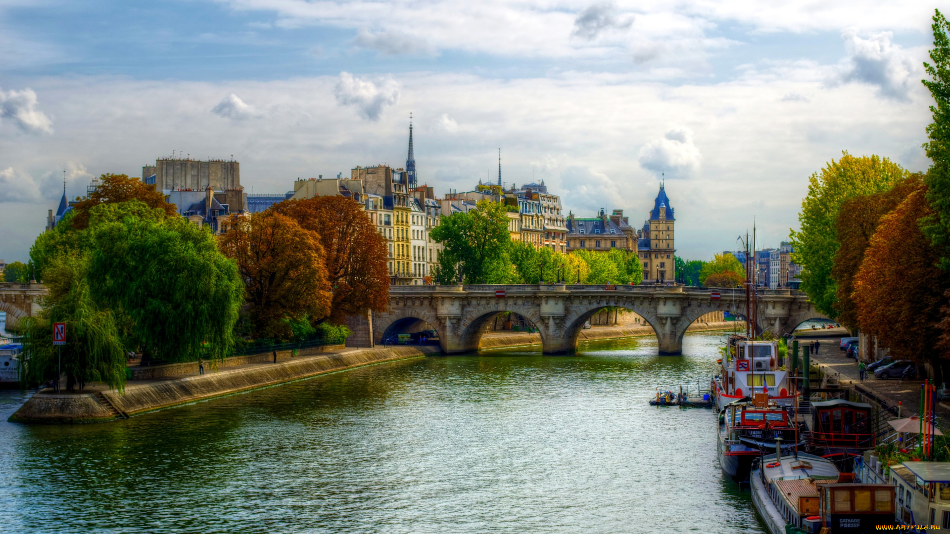 города, париж, , франция, деревья, дома, мост, река, катера, набережная, париж