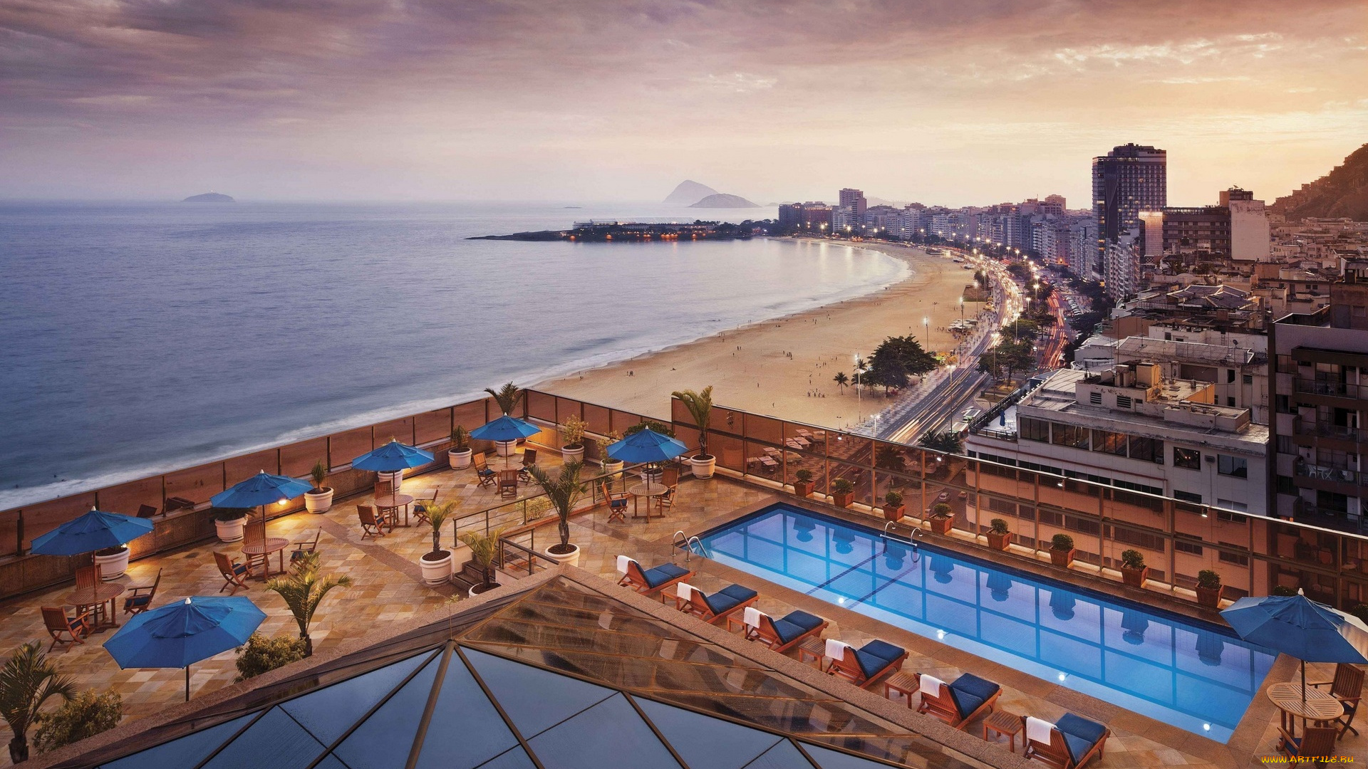 города, рио-де-жанейро, , бразилия, закат, вечер, облака, отели, курорт, песок, пляж, море, рио