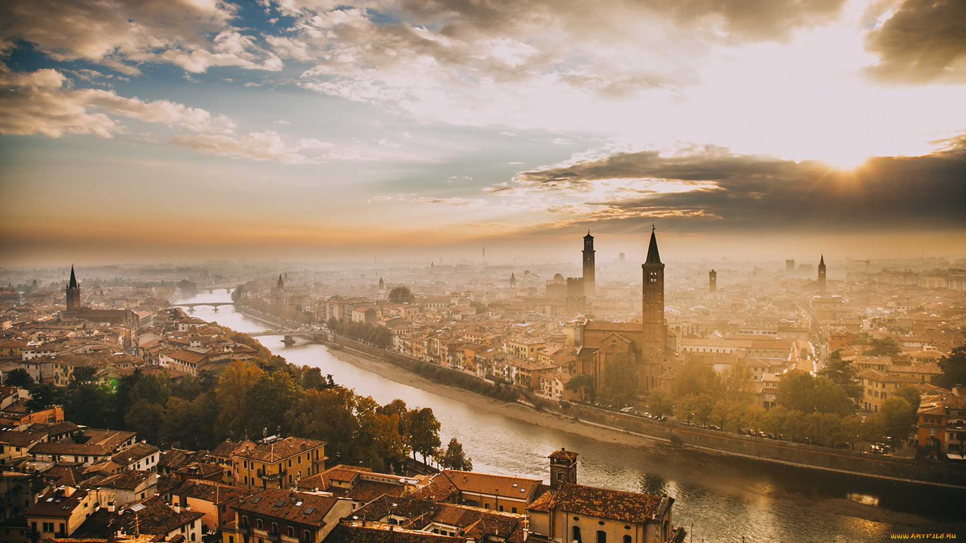 города, верона, , италия, verona, italy, город, восход, утро, туман, солнце