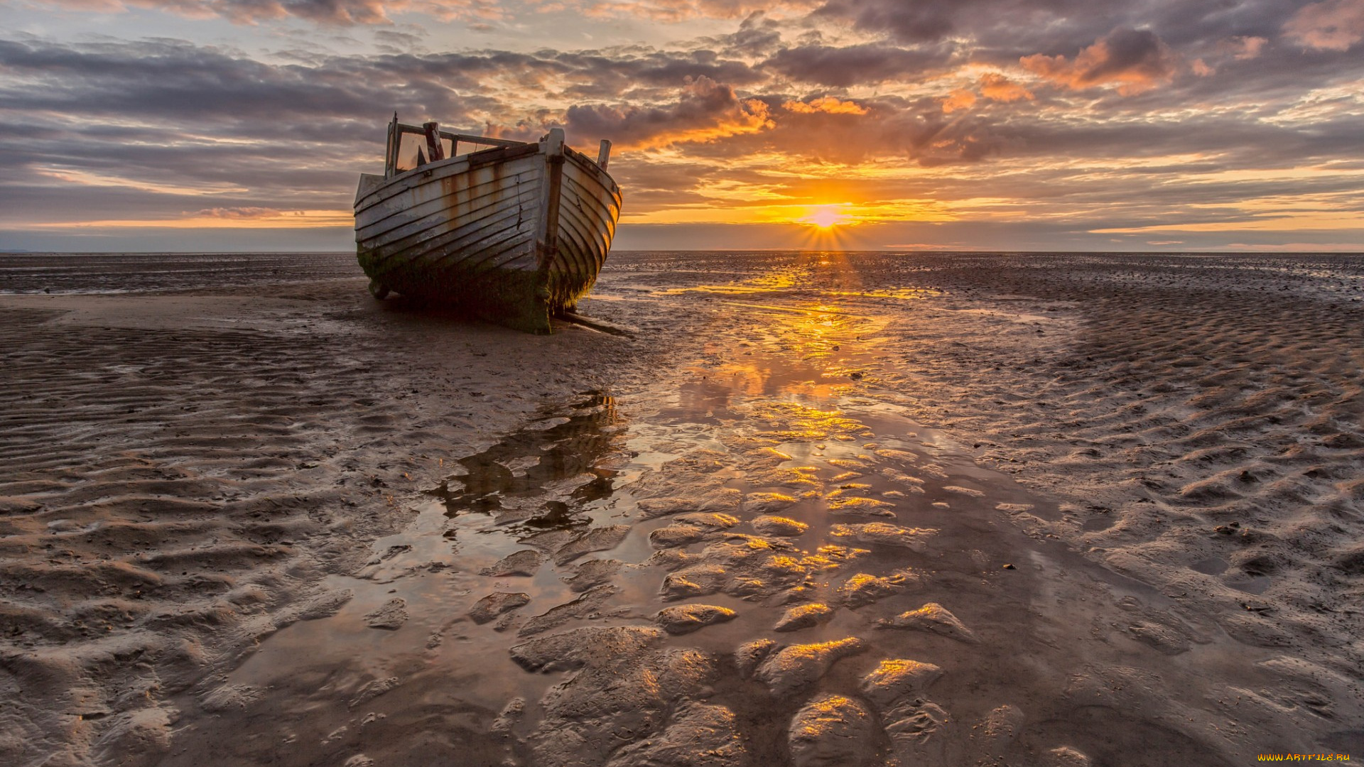 корабли, лодки, , шлюпки, лодка, закат, мель, солнце, облака