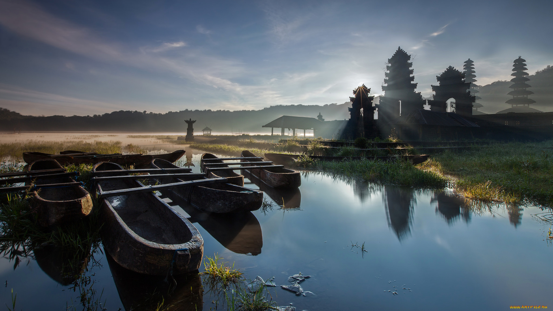 корабли, лодки, , шлюпки, вода, деревья, лодка, туман, утро, озеро, пагода, азия