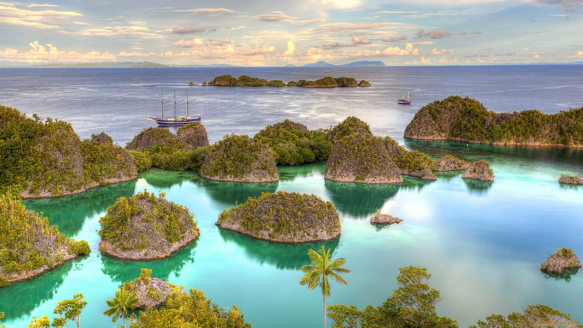 корабли, Яхты, индонезия, тропики, море, острова, яхты, пальмы, горизонт